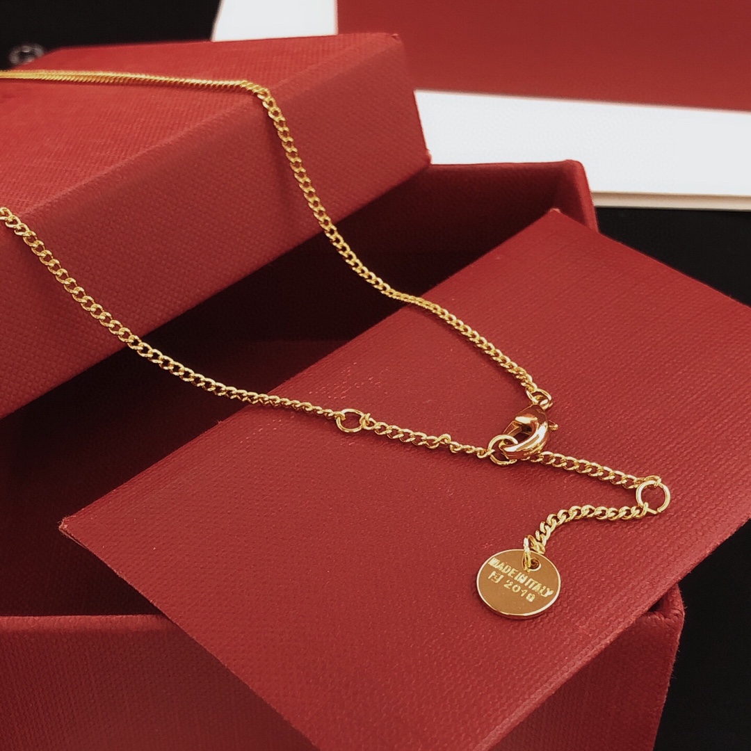 Fendi FF Logo Pendant necklace gold-tone metal with clear cubic zirconia stones 45cm with 5cm extender