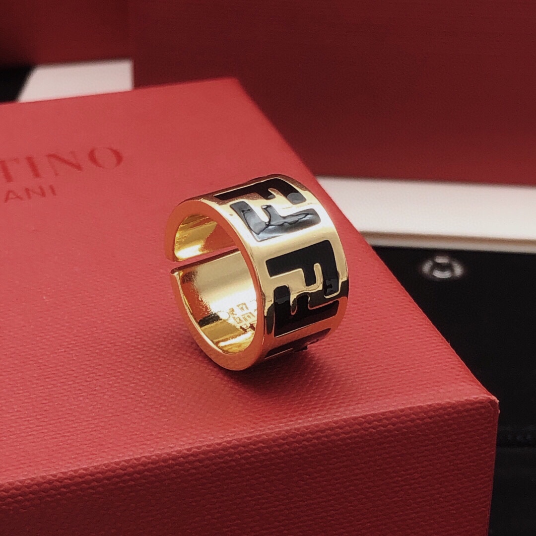 Fendi FF Logo Wide Band ring gold-tone metal with black enamel adjustable open