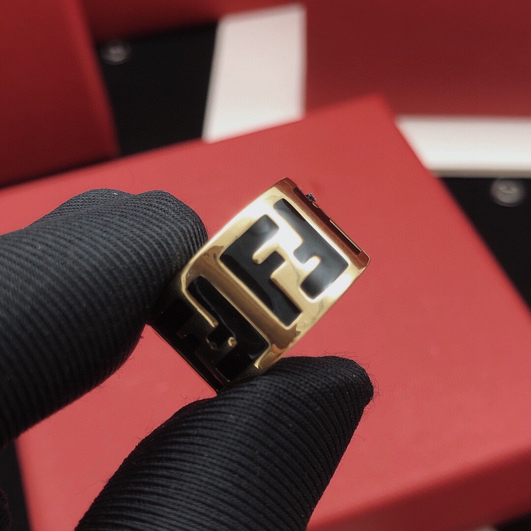 Fendi FF Logo Wide Band ring gold-tone metal with black enamel adjustable open