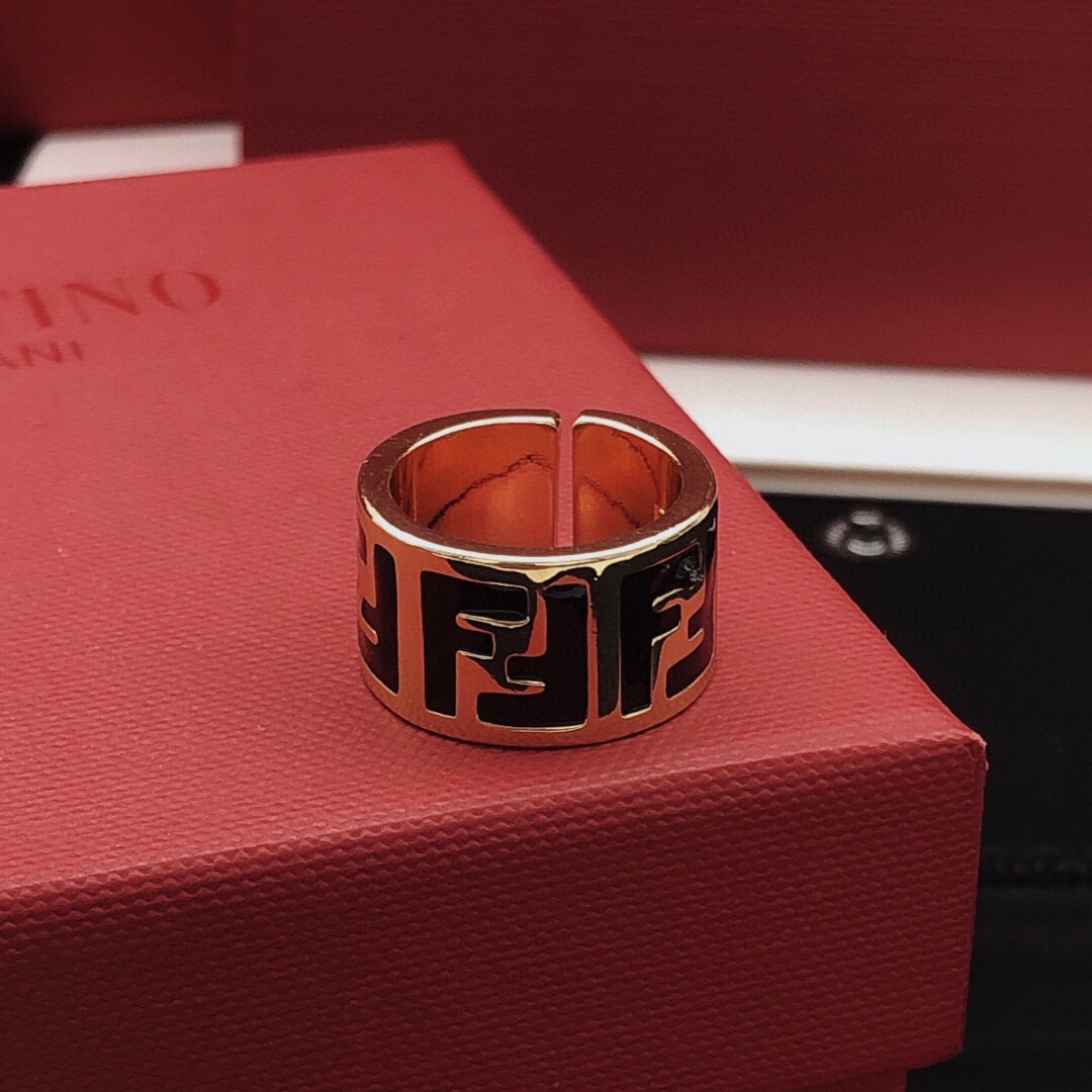 Fendi FF Logo Wide Band ring gold-tone metal with black enamel adjustable open