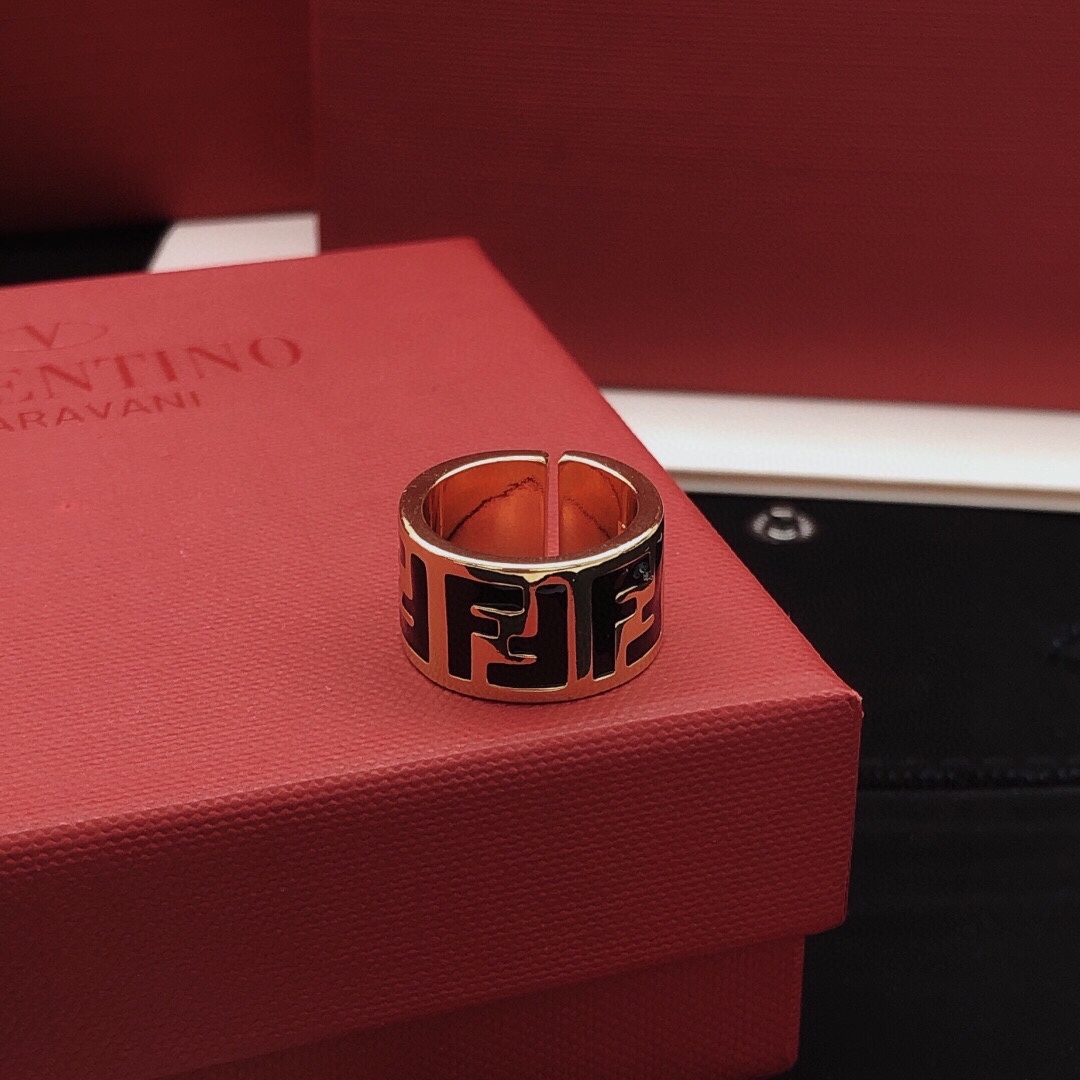 Fendi FF Logo Wide Band ring gold-tone metal with black enamel adjustable open