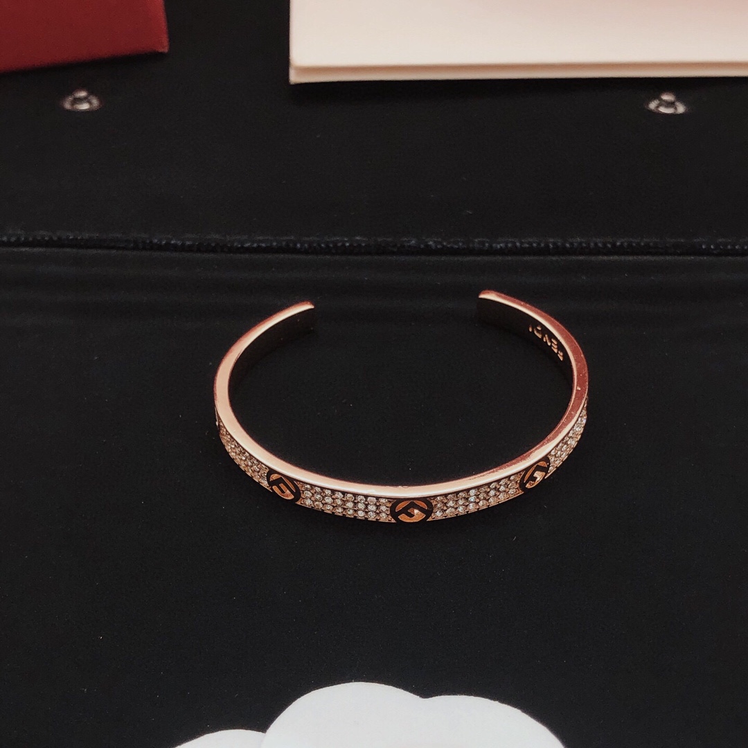 Fendi F is Fendi Pave Crystal Cuff bracelet rose gold metal with clear pave crystals 17cm inner circumference