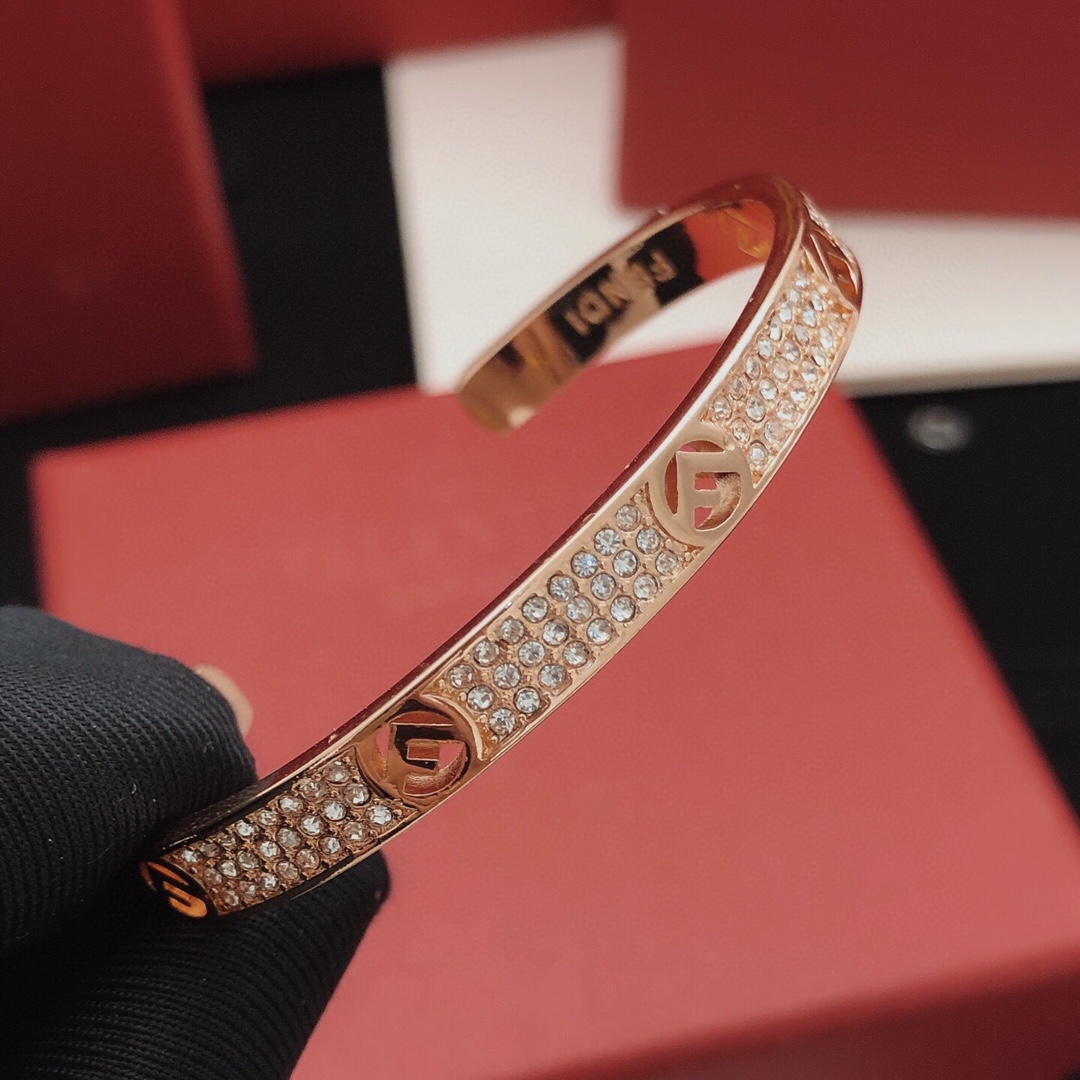 Fendi F is Fendi Pave Crystal Cuff bracelet rose gold metal with clear pave crystals 17cm inner circumference