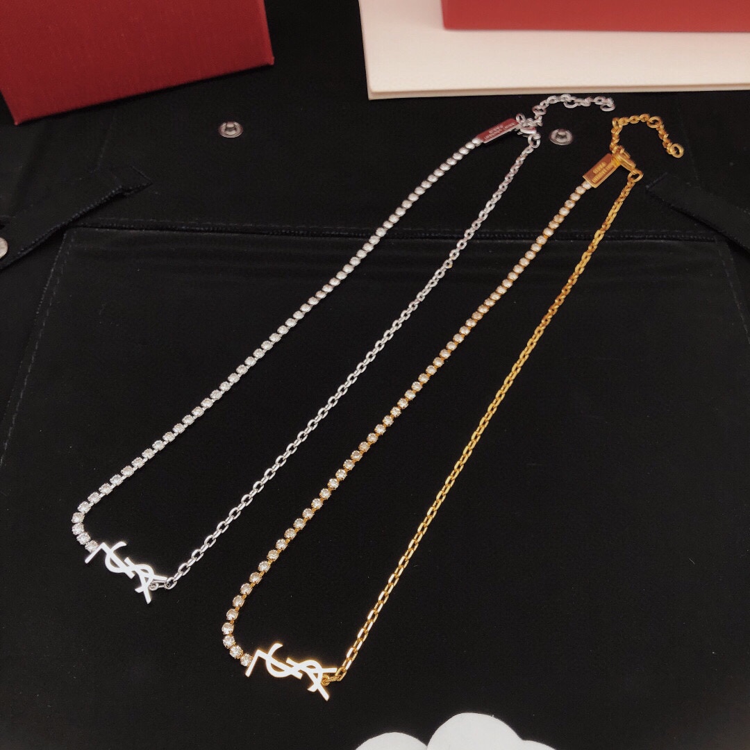 Saint Laurent Cassandre Crystal Chain necklace gold-tone metal with clear crystal accents 40cm with 5cm extender