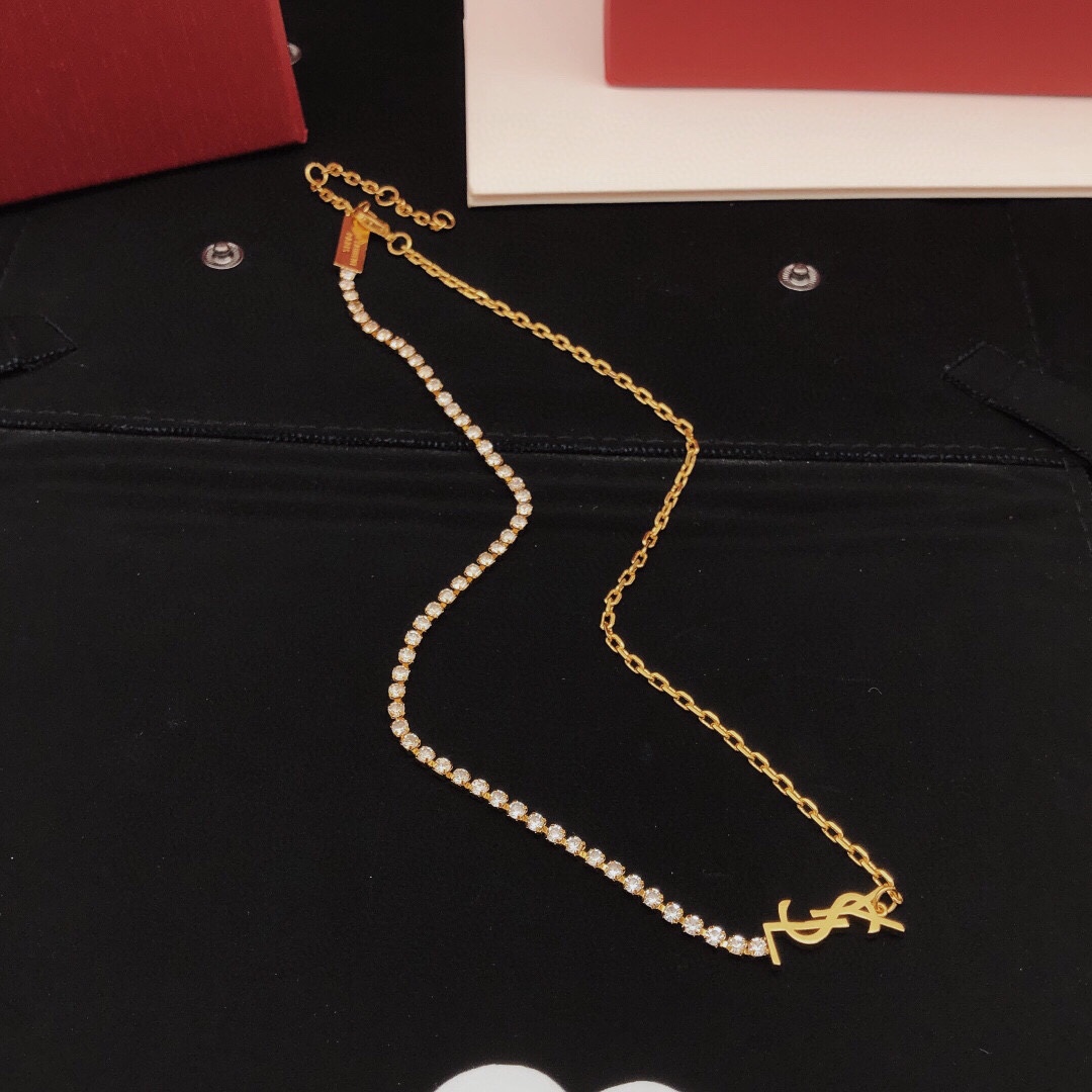 Saint Laurent Cassandre Crystal Chain necklace gold-tone metal with clear crystal accents 40cm with 5cm extender