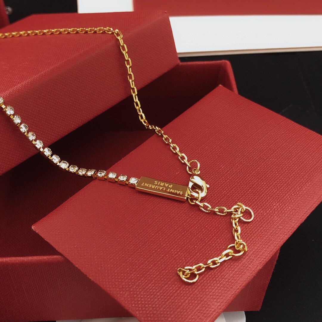 Saint Laurent Cassandre Crystal Chain necklace gold-tone metal with clear crystal accents 40cm with 5cm extender