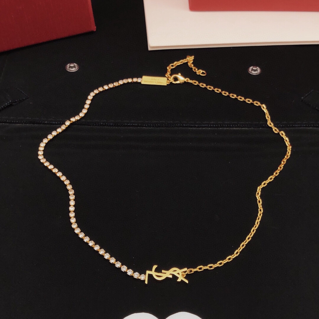 Saint Laurent Cassandre Crystal Chain necklace gold-tone metal with clear crystal accents 40cm with 5cm extender