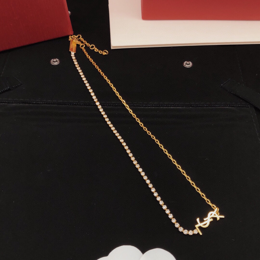 Saint Laurent Cassandre Crystal Chain necklace gold-tone metal with clear crystal accents 40cm with 5cm extender