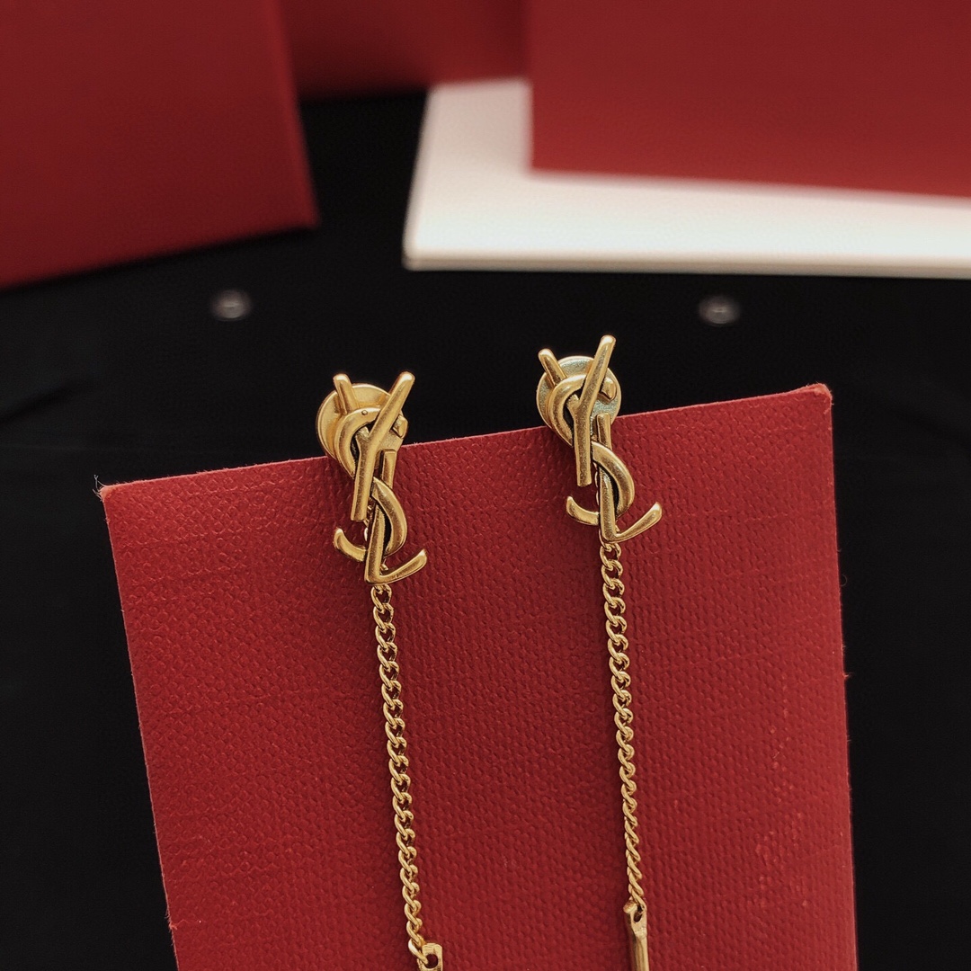 Saint Laurent Cassandre Long Chain Drop Earrings earrings antique gold tone metal no gemstones 6 5cm total drop length