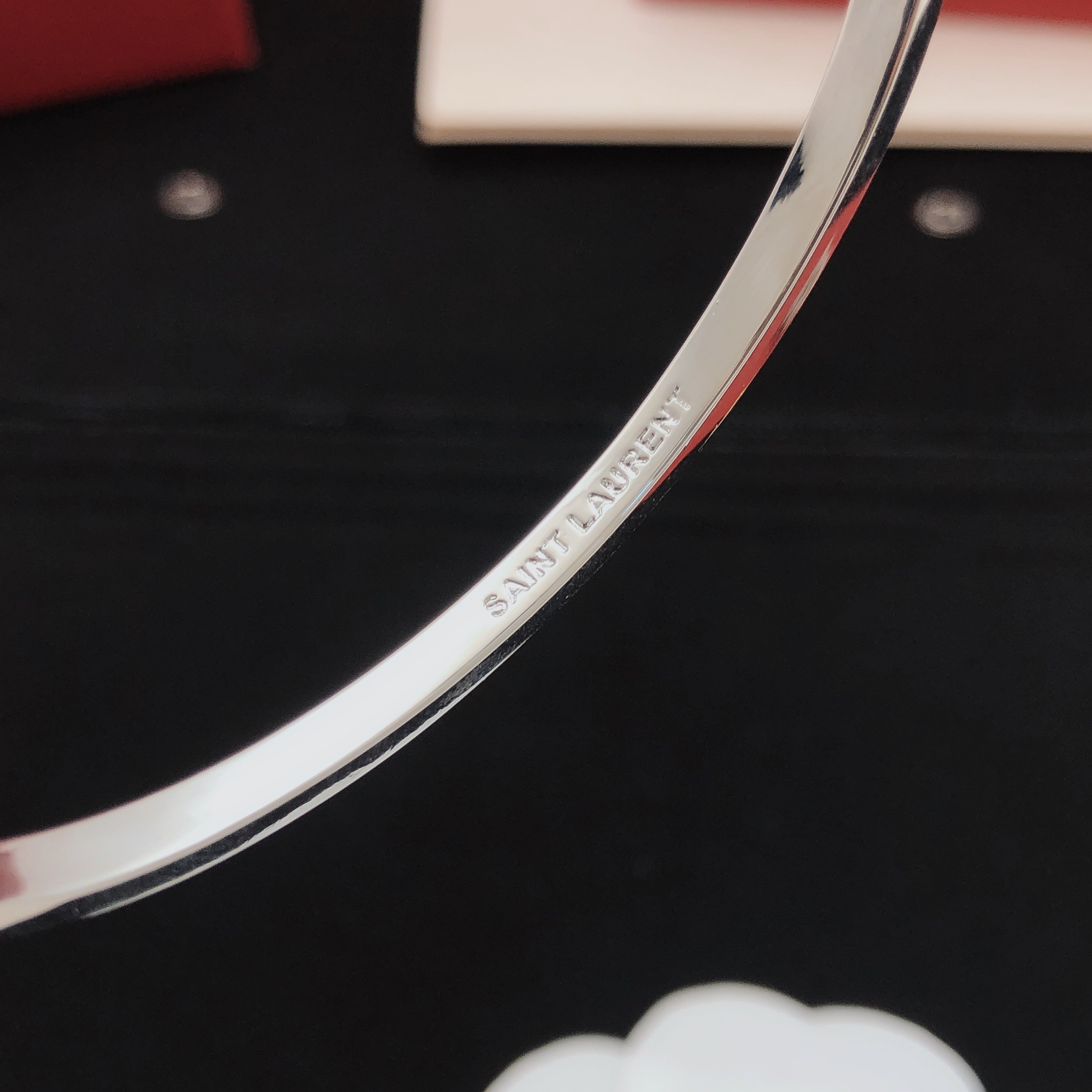 Saint Laurent Cassandre Monogram Pave Bangle bracelet silver-toned metal with clear pave crystals 17cm inner circumference
