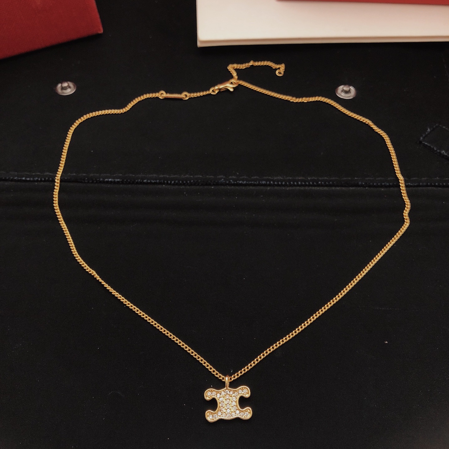 Celine Triomphe Crystal Pendant necklace gold-tone metal with clear crystal accents 45cm