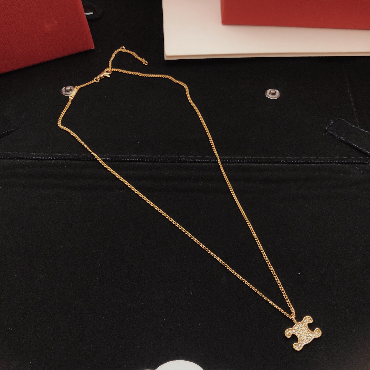 Celine Triomphe Crystal Pendant necklace gold-tone metal with clear crystal accents 45cm