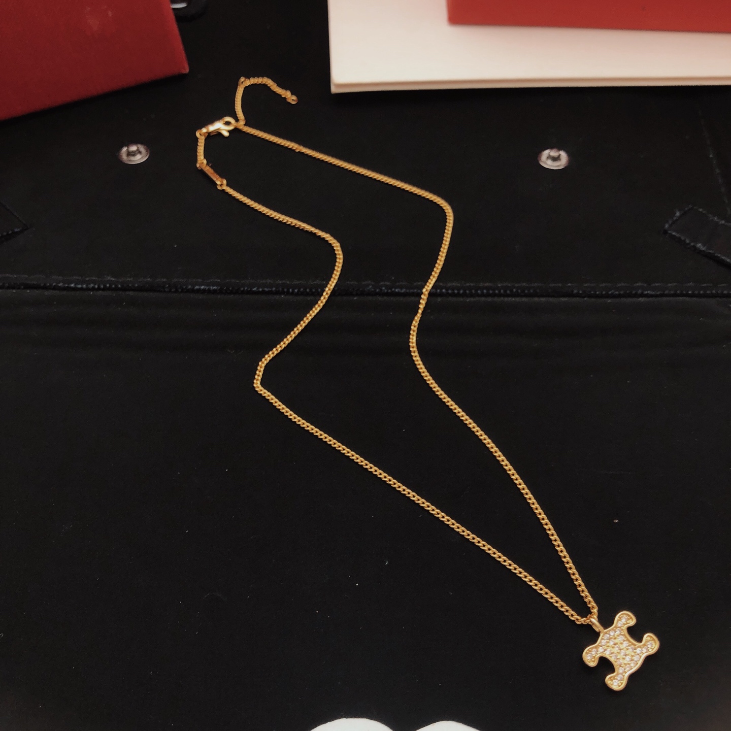 Celine Triomphe Crystal Pendant necklace gold-tone metal with clear crystal accents 45cm