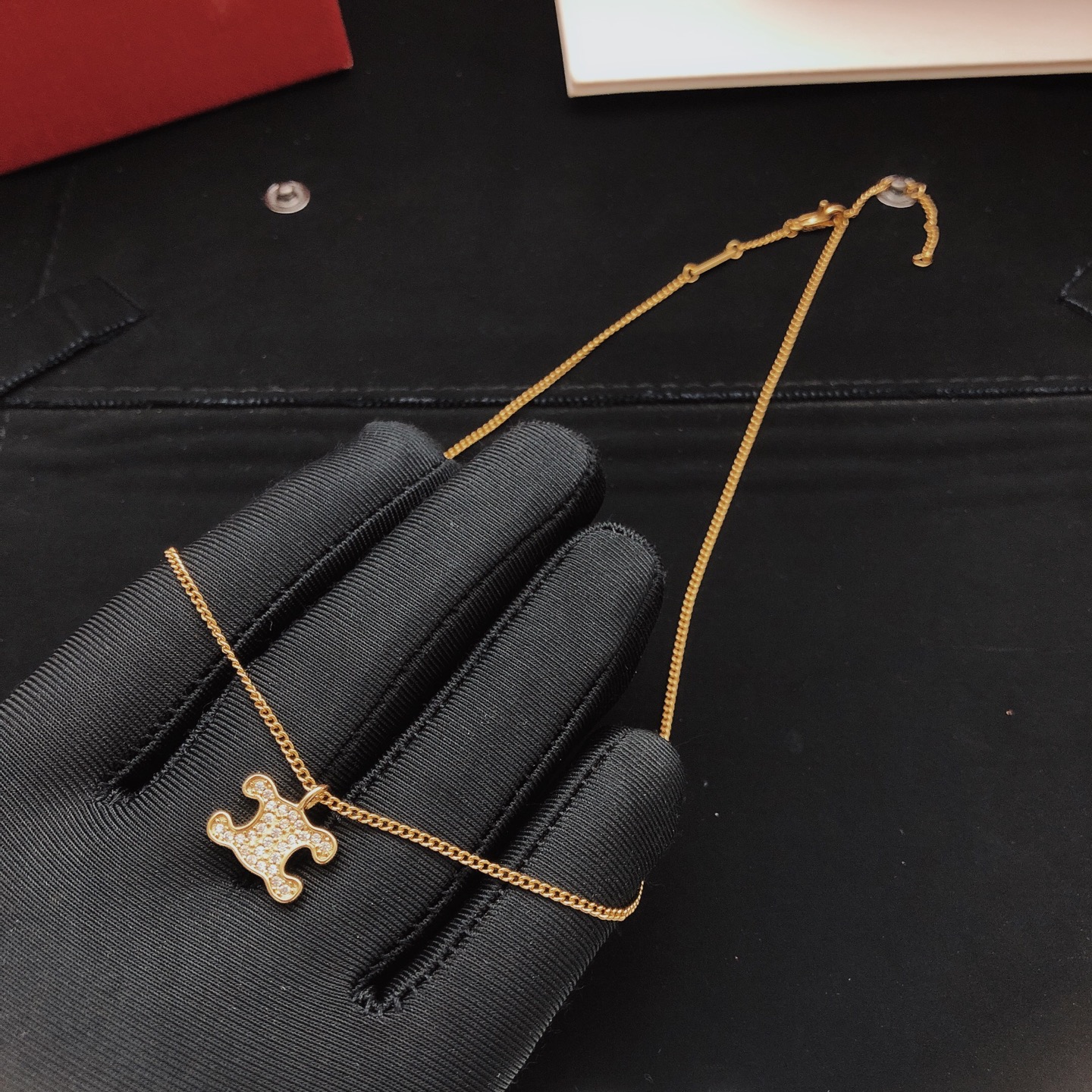 Celine Triomphe Crystal Pendant necklace gold-tone metal with clear crystal accents 45cm