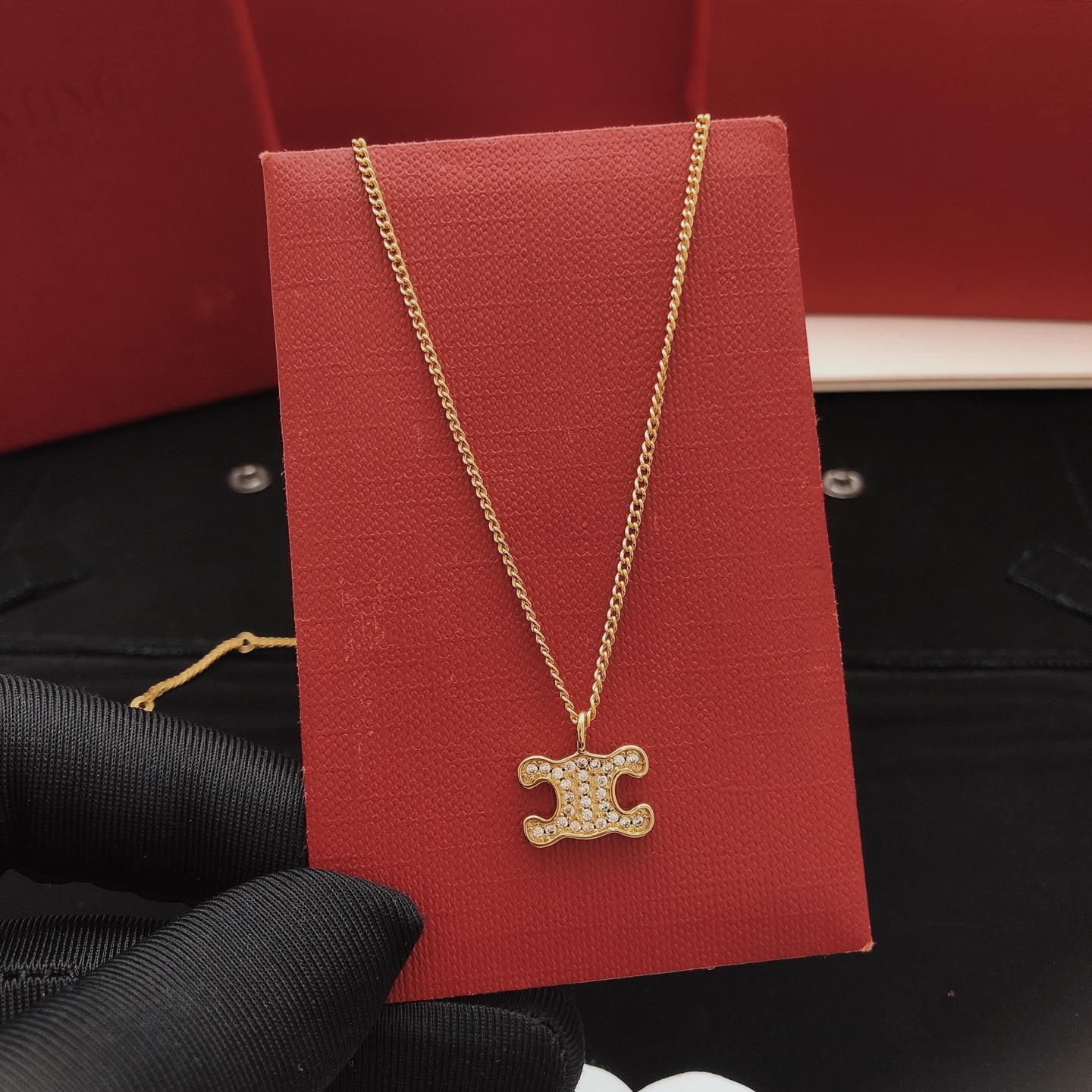 Celine Triomphe Crystal Pendant necklace gold-tone metal with clear crystal accents 45cm
