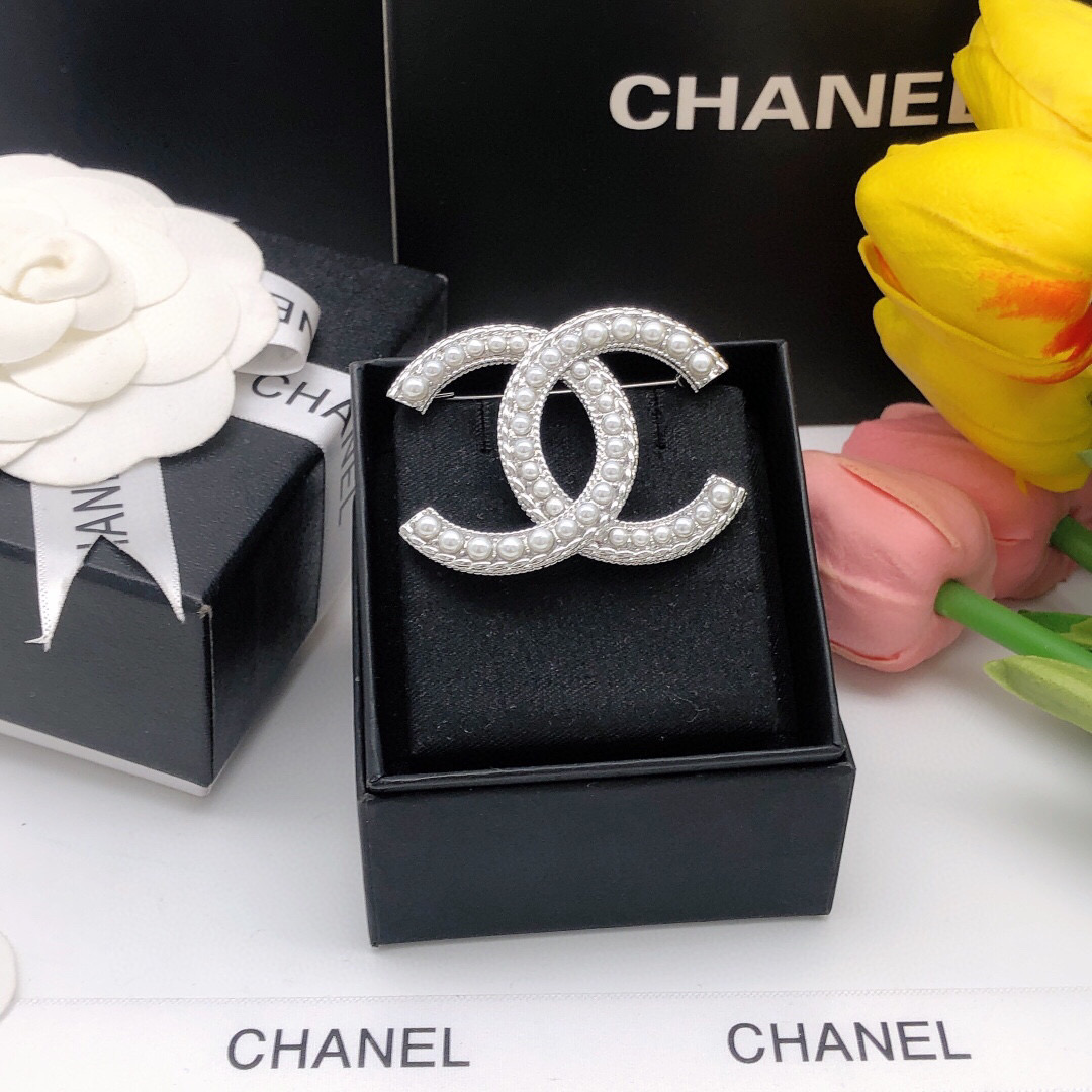 Chanel CC Logo Pearl Brooch brooch silver tone metal white faux pearl 3 5cm width