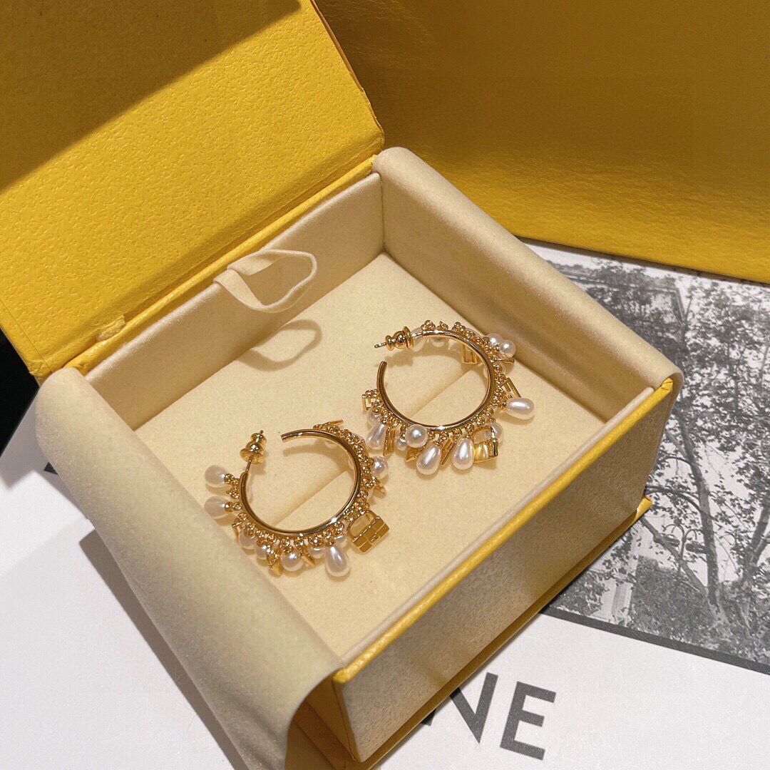 Fendi FDED0025 Charm Hoop Earrings earrings gold-tone metal with white pearl accents 3 5cm hoop diameter