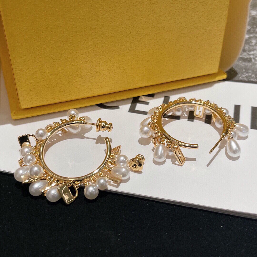 Fendi FDED0025 Charm Hoop Earrings earrings gold-tone metal with white pearl accents 3 5cm hoop diameter