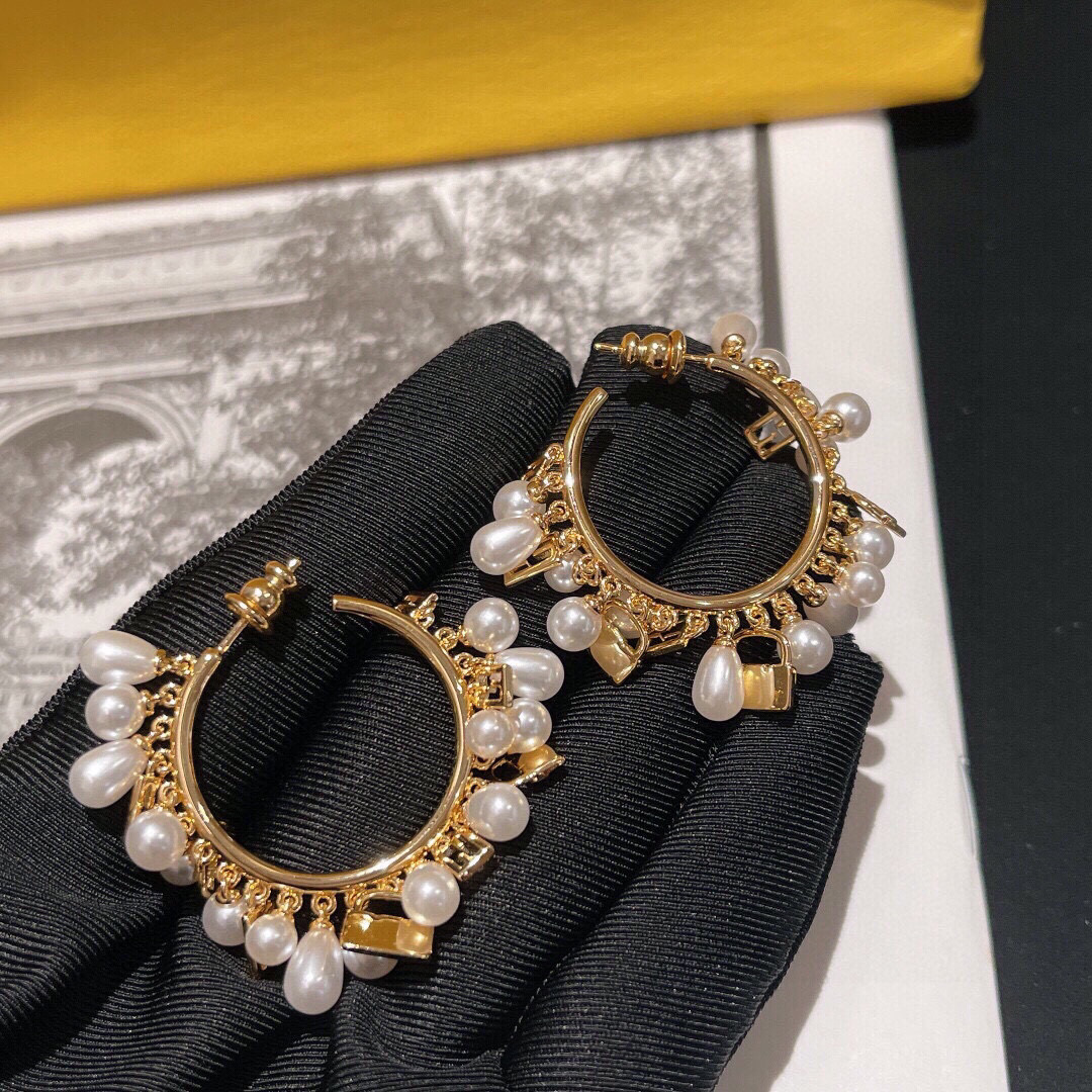 Fendi FDED0025 Charm Hoop Earrings earrings gold-tone metal with white pearl accents 3 5cm hoop diameter