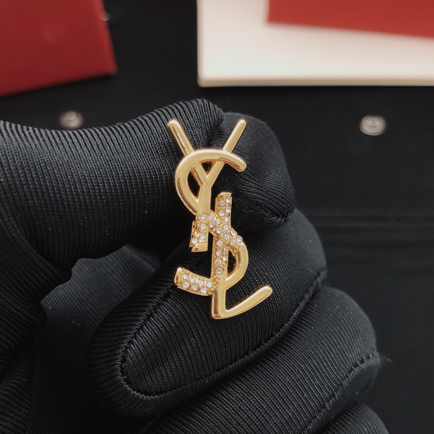 Saint Laurent YED0041 Cassandre Monogram earrings gold-tone metal with clear crystal accents 2cm length