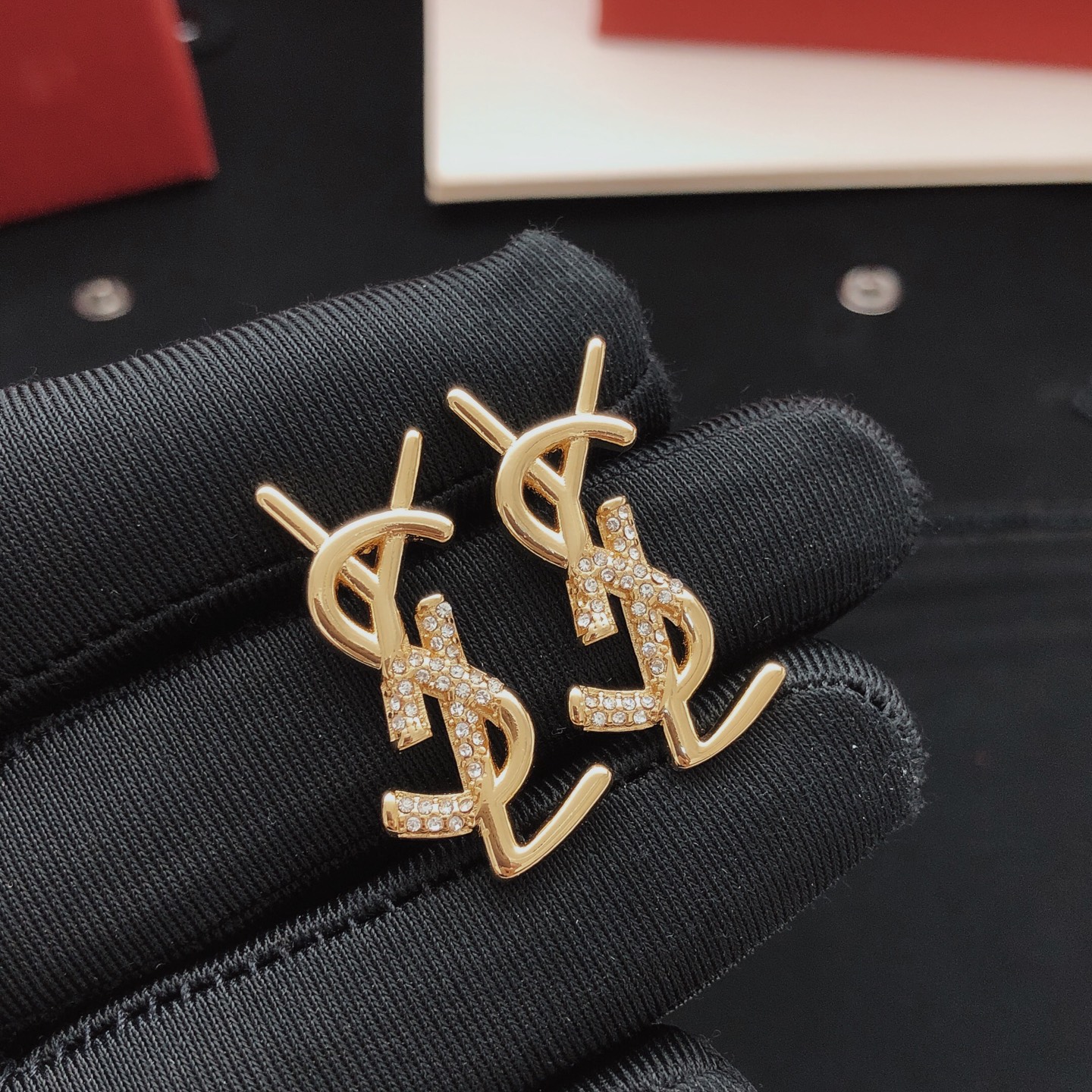 Saint Laurent YED0041 Cassandre Monogram earrings gold-tone metal with clear crystal accents 2cm length