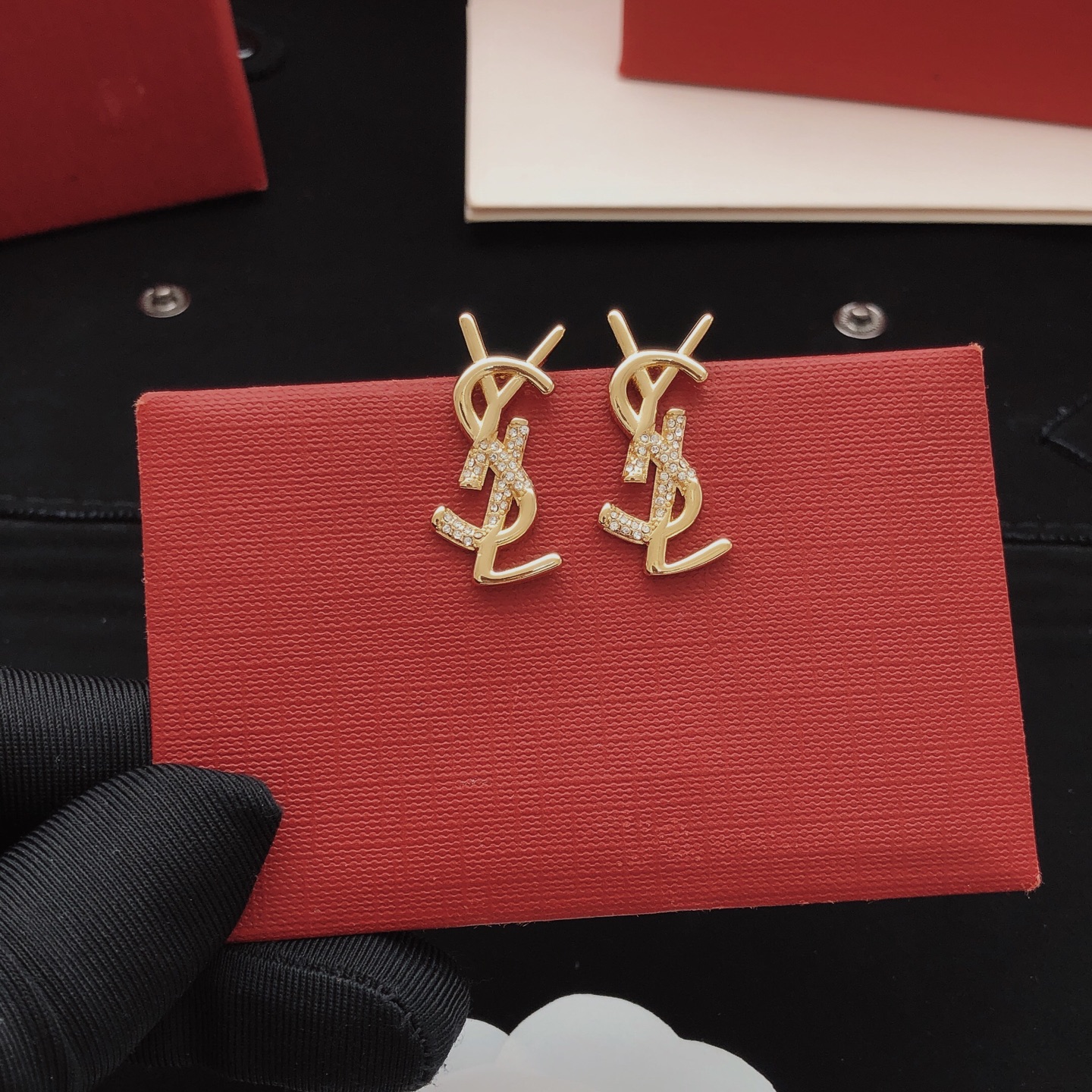 Saint Laurent YED0041 Cassandre Monogram earrings gold-tone metal with clear crystal accents 2cm length