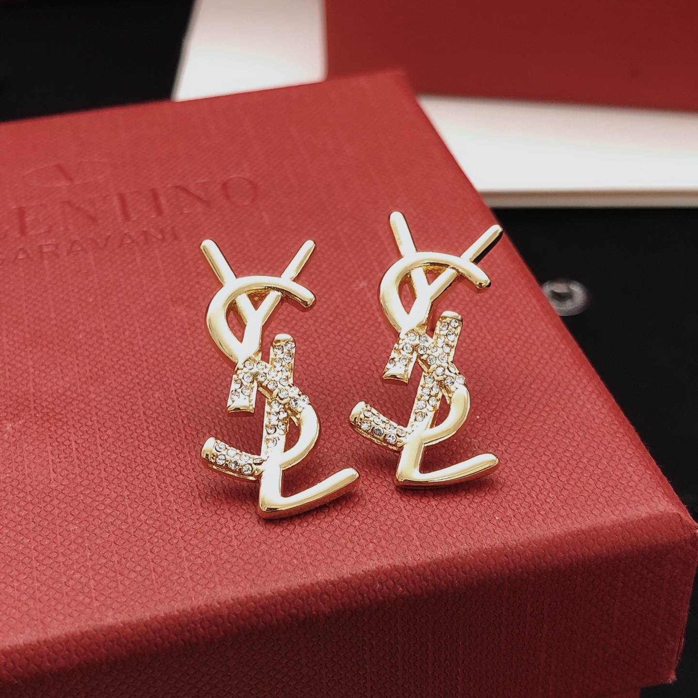 Saint Laurent YED0041 Cassandre Monogram earrings gold-tone metal with clear crystal accents 2cm length