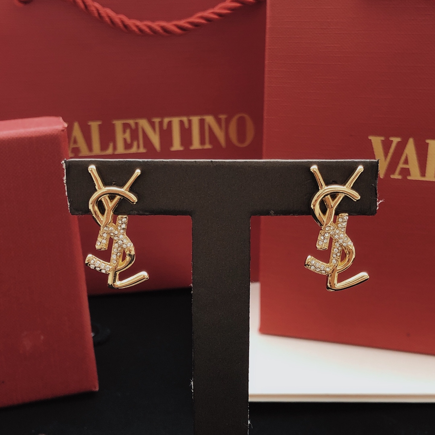 Saint Laurent YED0041 Cassandre Monogram earrings gold-tone metal with clear crystal accents 2cm length