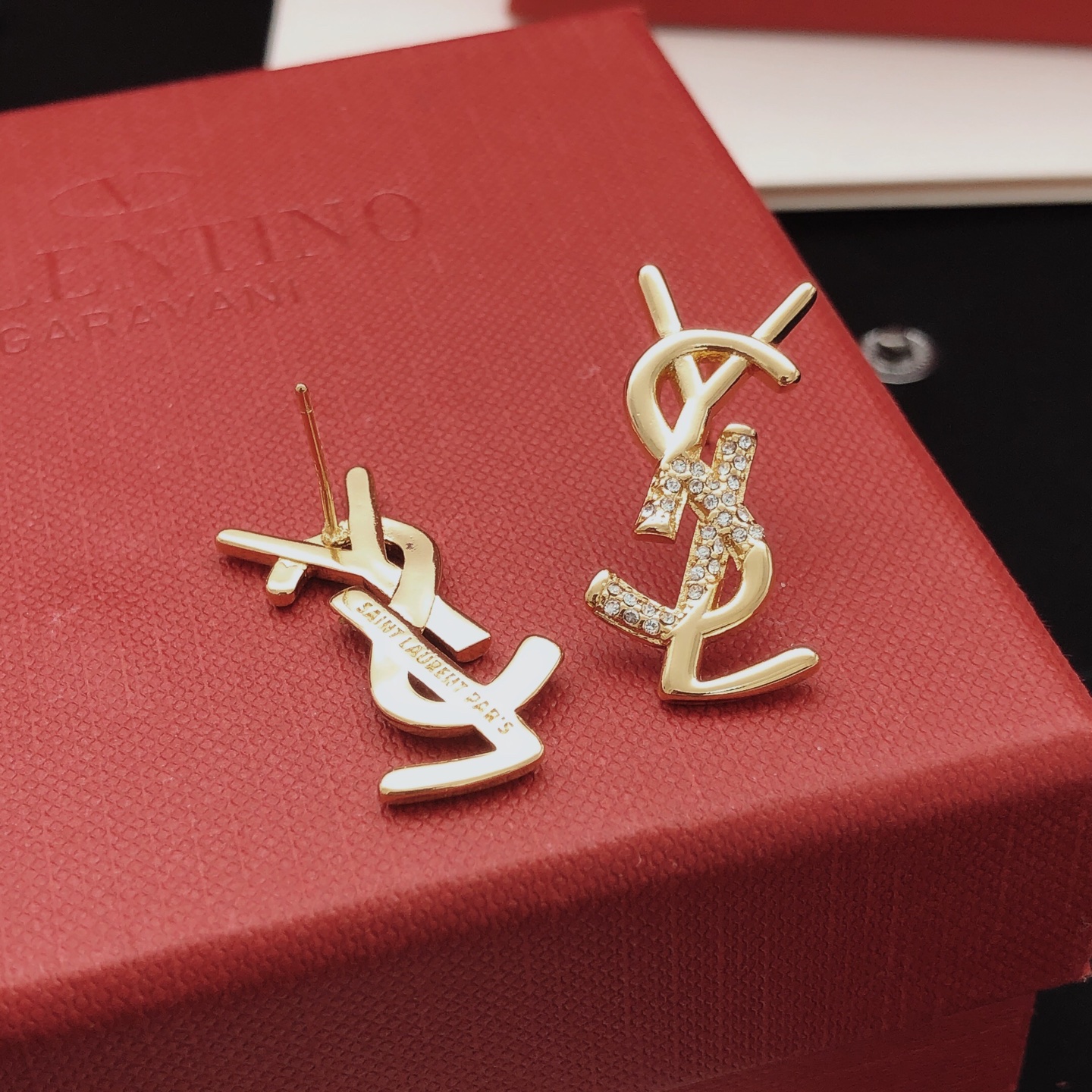 Saint Laurent YED0041 Cassandre Monogram earrings gold-tone metal with clear crystal accents 2cm length