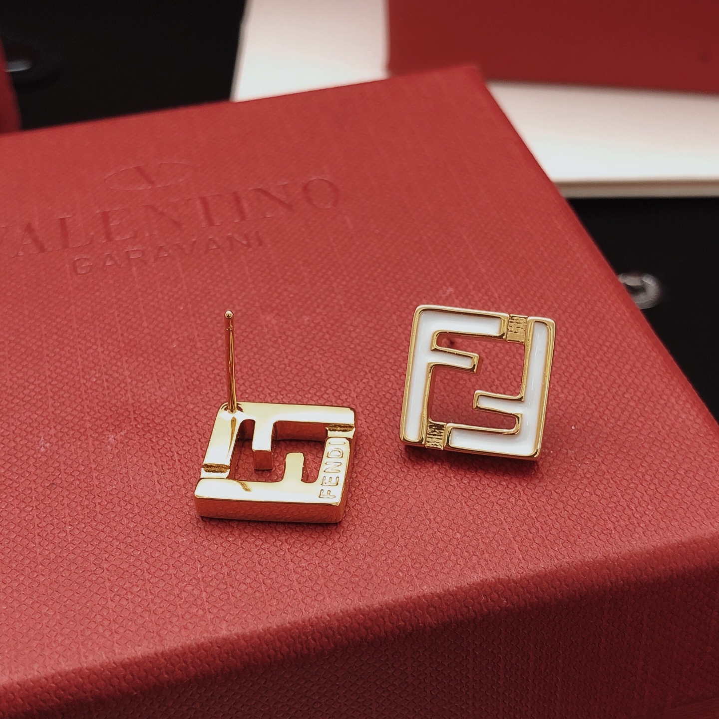 Fendi FF Logo Square Stud Earrings earrings gold-tone metal with white enamel 1 2cm stud diameter