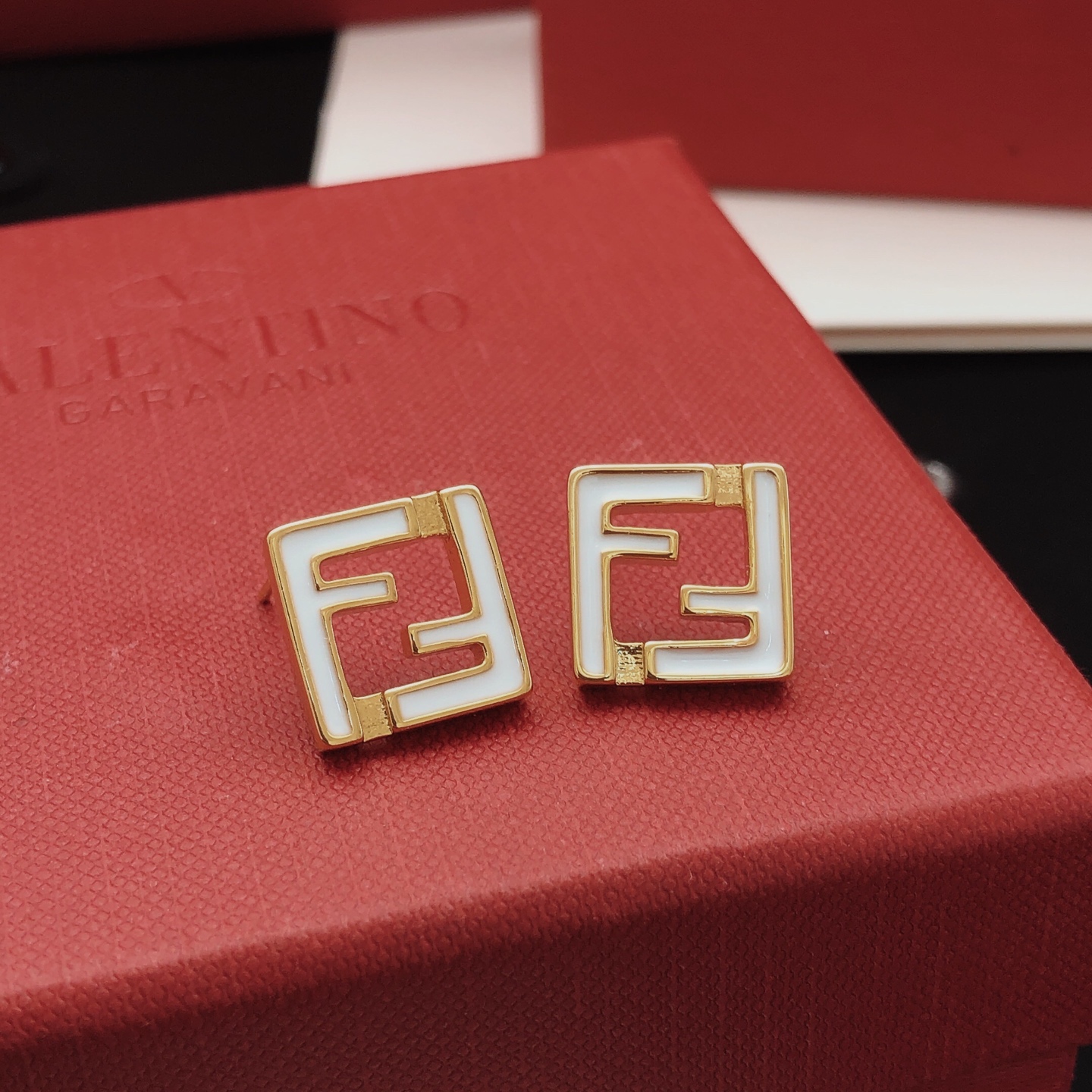 Fendi FF Logo Square Stud Earrings earrings gold-tone metal with white enamel 1 2cm stud diameter