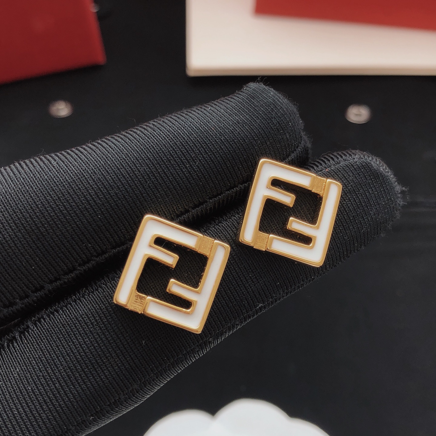 Fendi FF Logo Square Stud Earrings earrings gold-tone metal with white enamel 1 2cm stud diameter