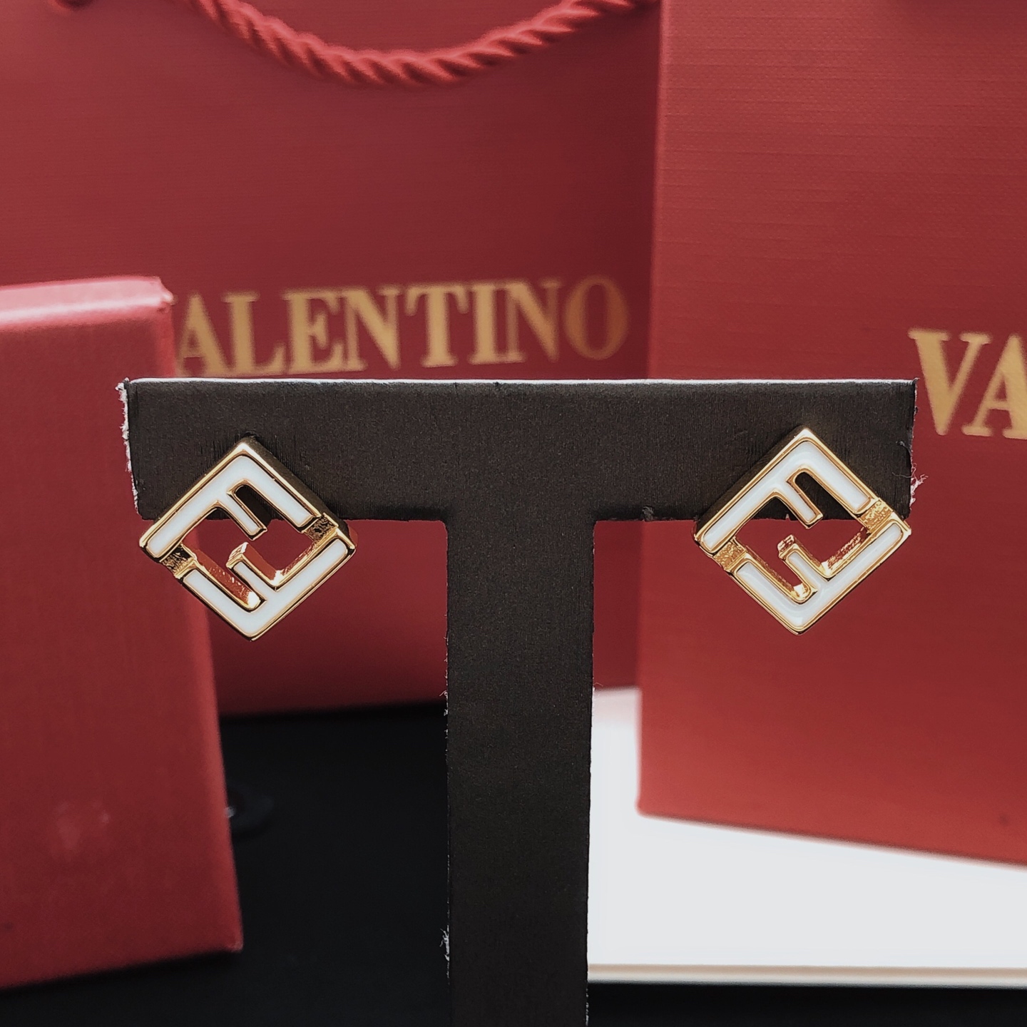 Fendi FF Logo Square Stud Earrings earrings gold-tone metal with white enamel 1 2cm stud diameter