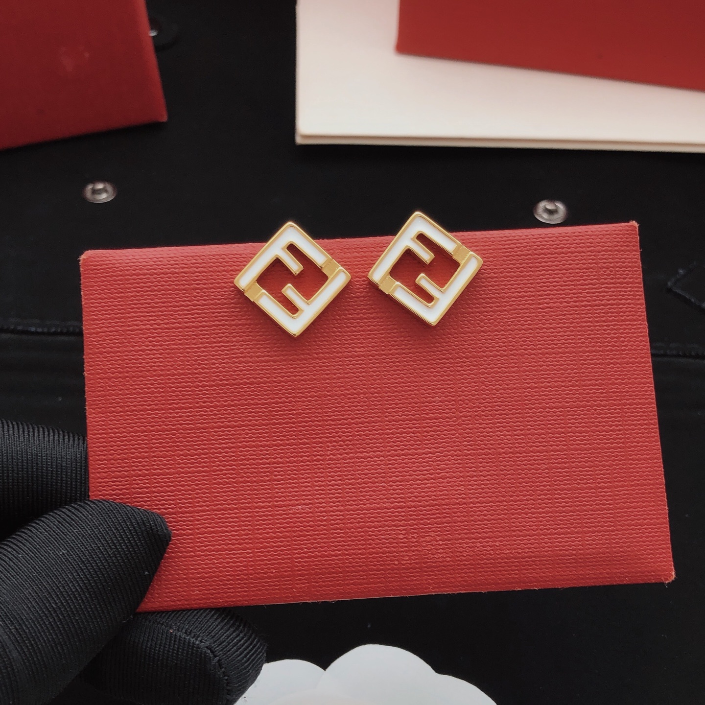 Fendi FF Logo Square Stud Earrings earrings gold-tone metal with white enamel 1 2cm stud diameter