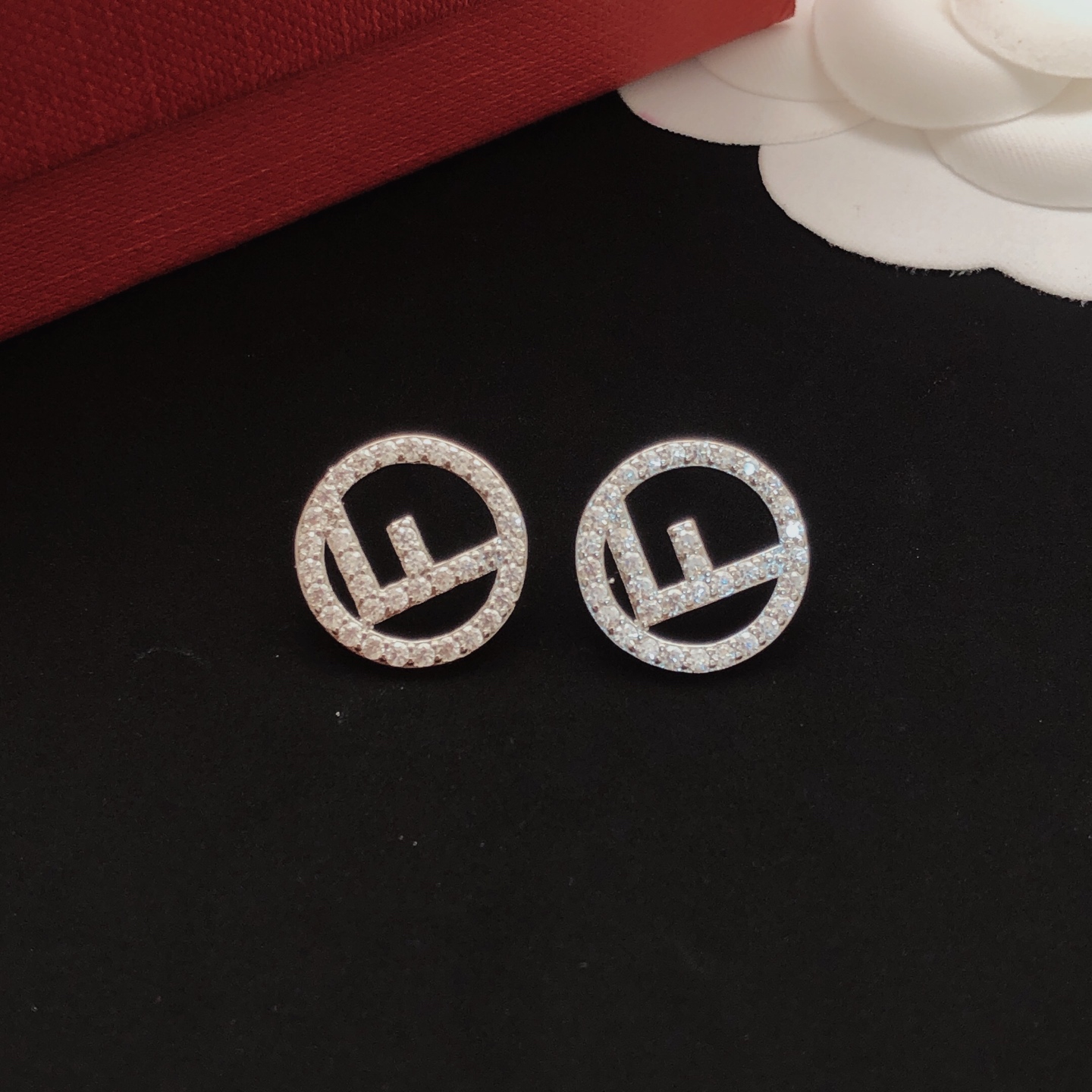Fendi F is Fendi earrings silver-toned metal with clear pave crystals 1 2cm diameter