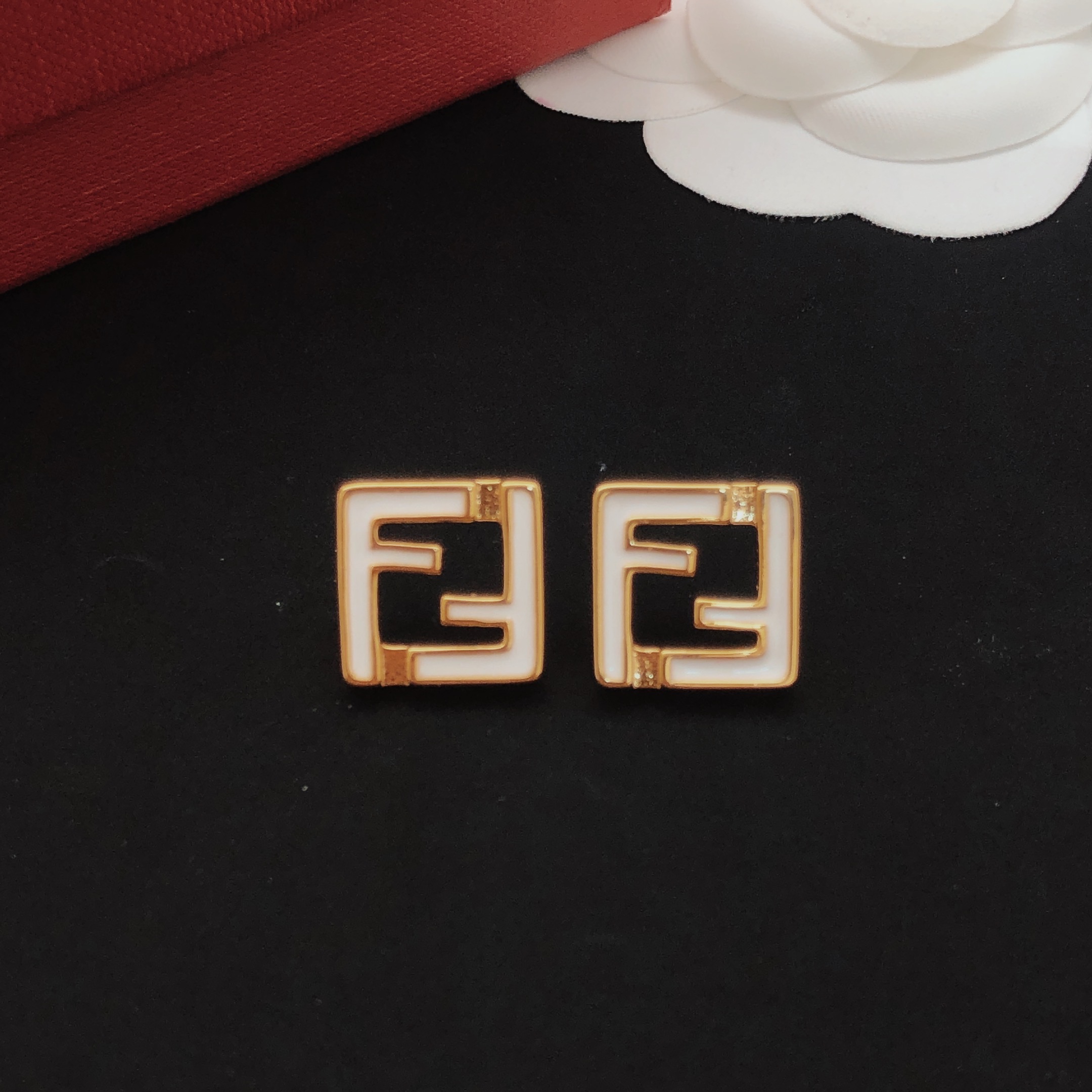 Fendi FF Logo Square Stud Earrings earrings gold-tone metal with white enamel 1 2cm stud diameter
