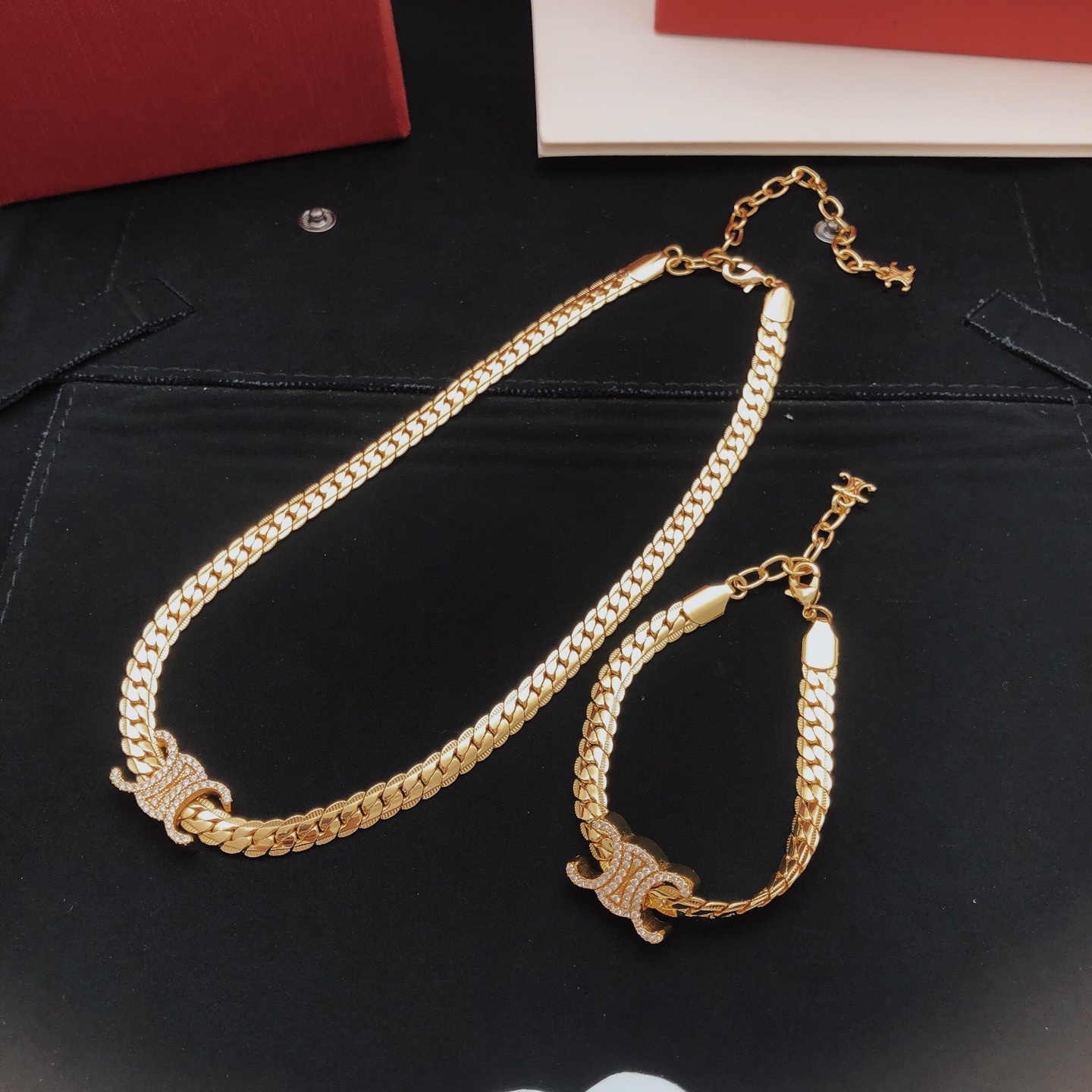 Celine Triomphe Crystal-Embellished Curb Chain Choker necklace gold-tone metal with clear crystal accents 40cm with 5cm extender