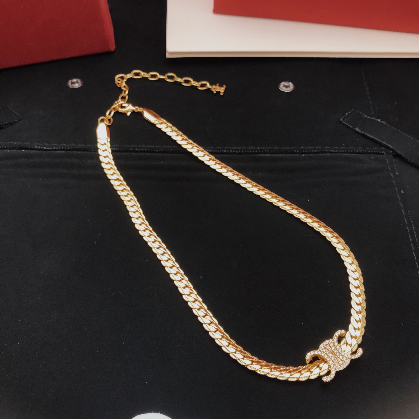Celine Triomphe Crystal-Embellished Curb Chain Choker necklace gold-tone metal with clear crystal accents 40cm with 5cm extender