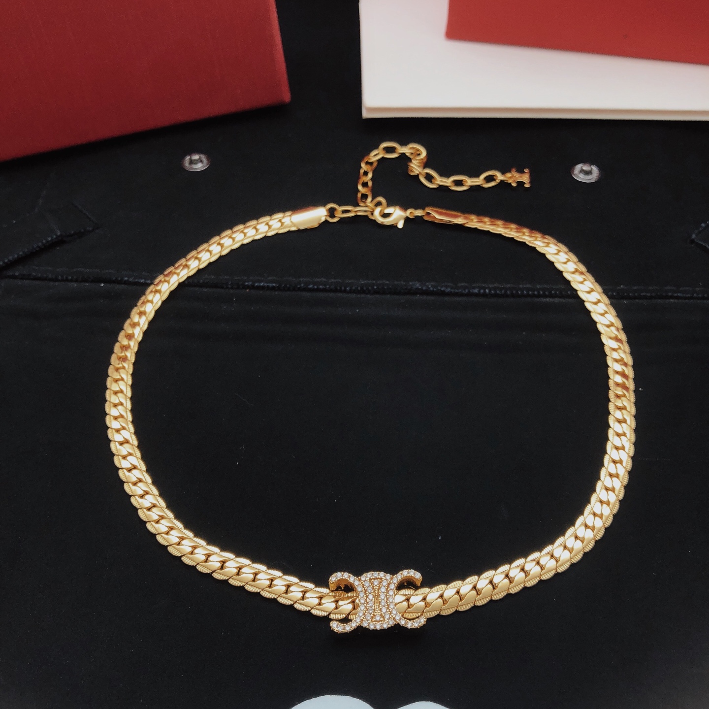 Celine Triomphe Crystal-Embellished Curb Chain Choker necklace gold-tone metal with clear crystal accents 40cm with 5cm extender