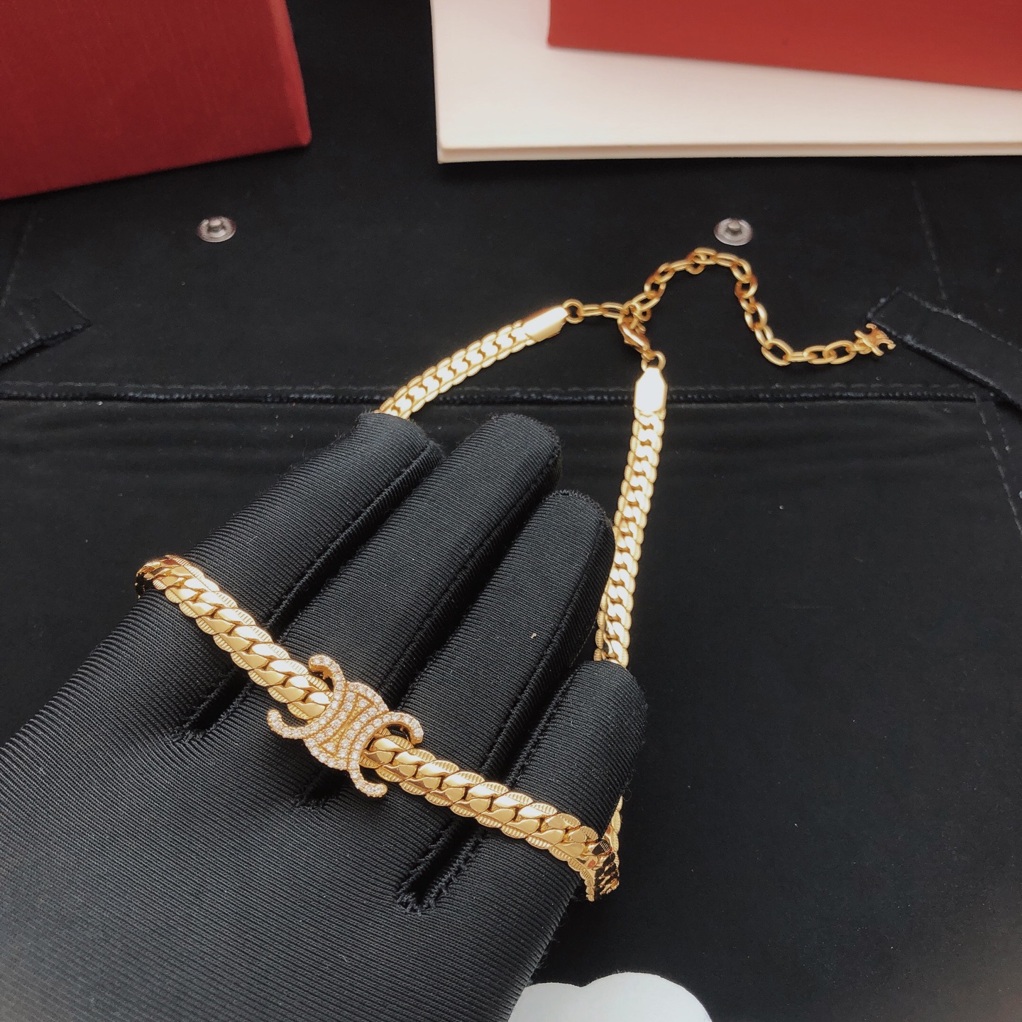 Celine Triomphe Crystal-Embellished Curb Chain Choker necklace gold-tone metal with clear crystal accents 40cm with 5cm extender