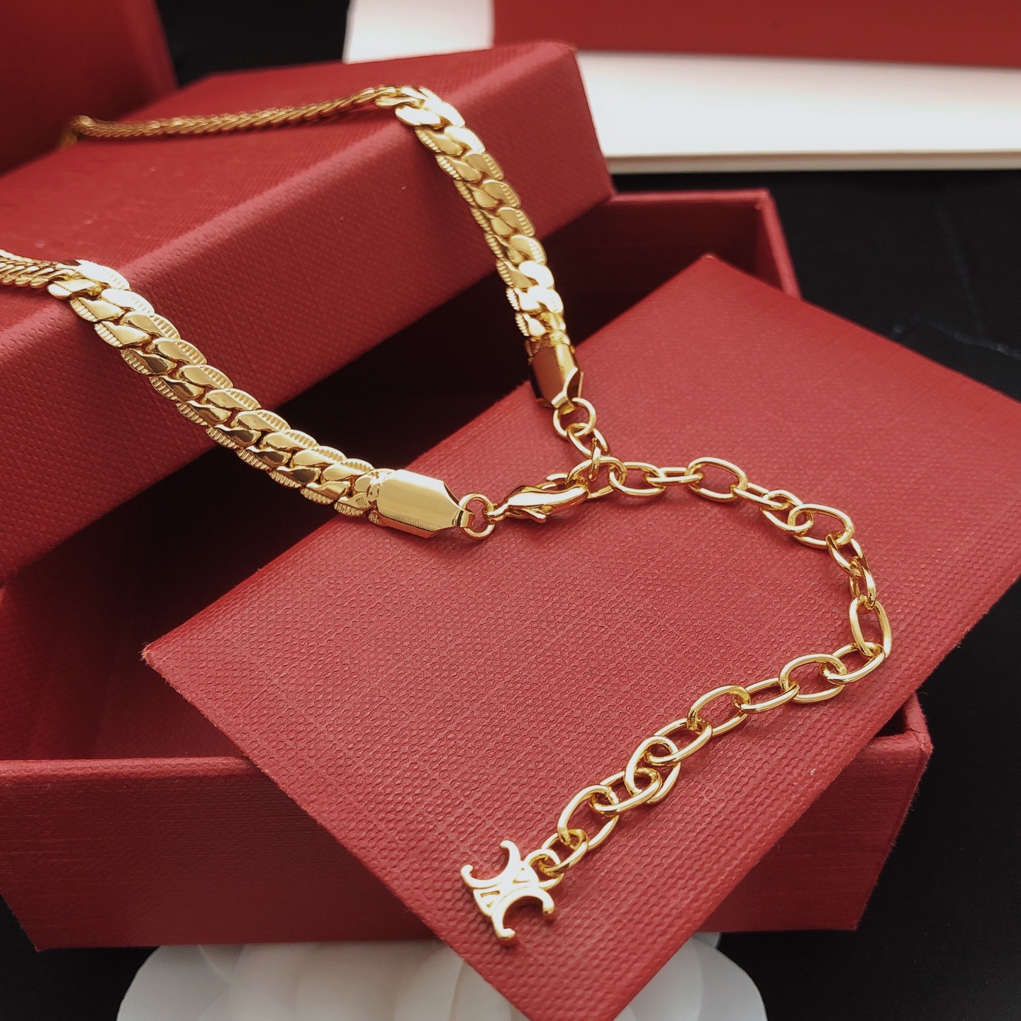 Celine Triomphe Crystal-Embellished Curb Chain Choker necklace gold-tone metal with clear crystal accents 40cm with 5cm extender