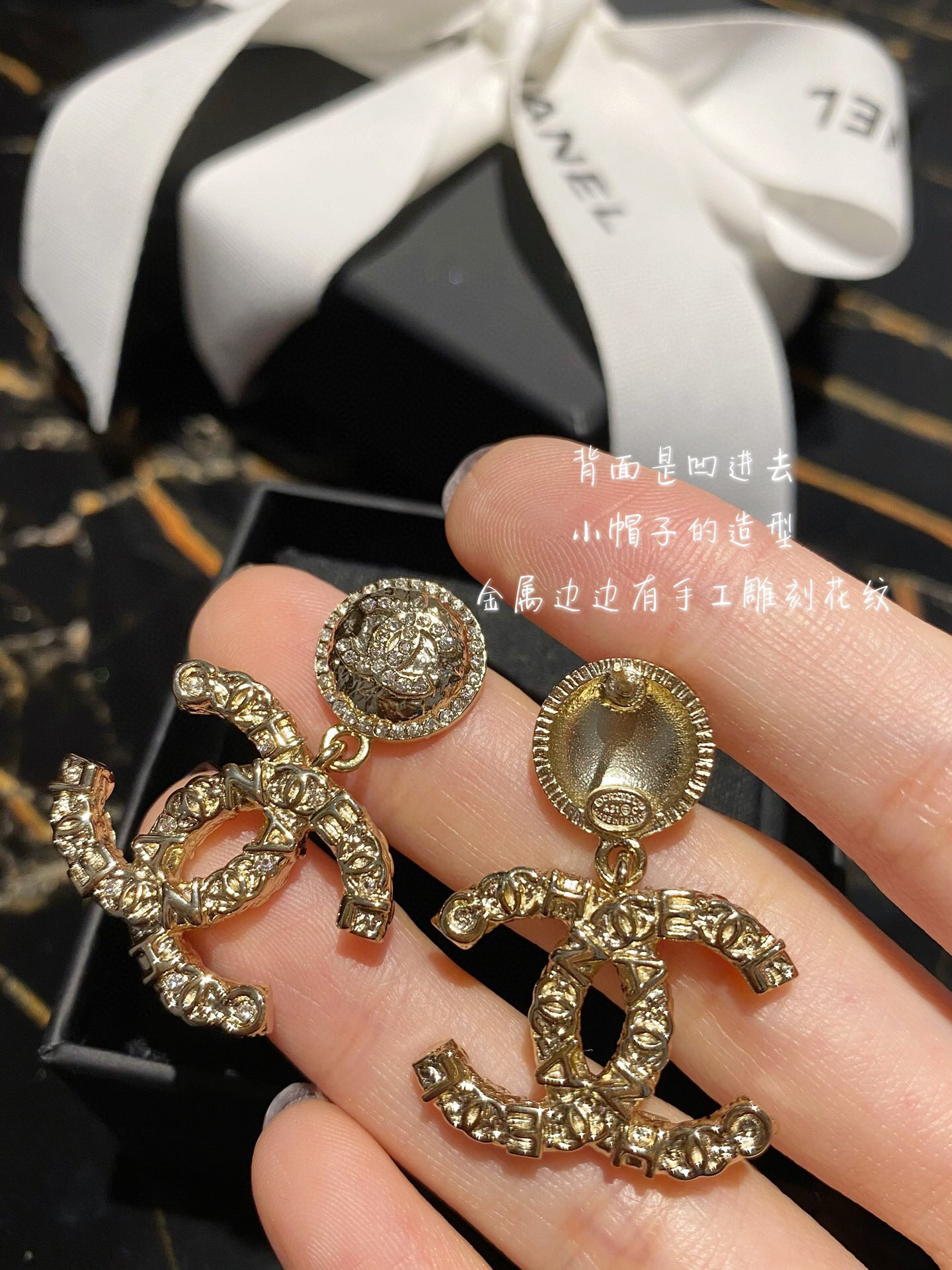 Chanel Embossed CC Logo Drop Earrings earrings Gold-tone metal with clear crystal accents One Size drop length approx 3cm