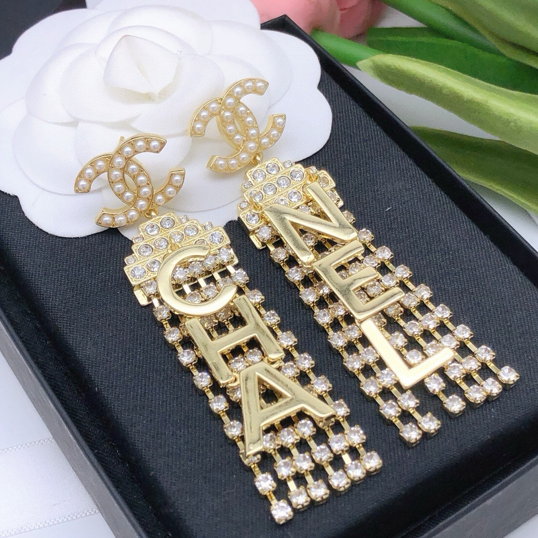 Chanel CHA-NEL Letter Crystal Fringe Drop Earrings earrings gold-tone metal white faux pearl clear crystal 6 5cm drop length