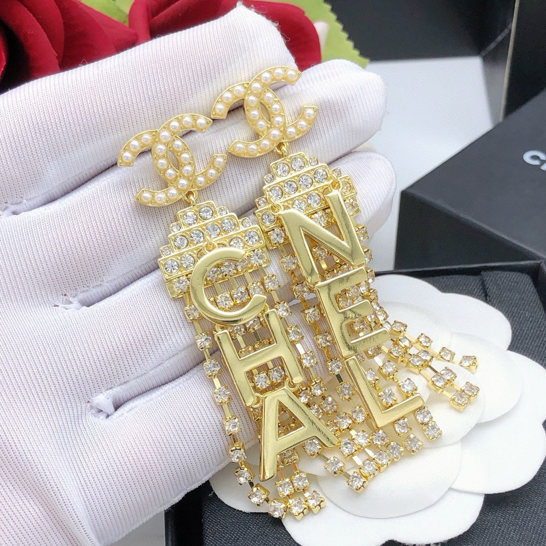 Chanel CHA-NEL Letter Crystal Fringe Drop Earrings earrings gold-tone metal white faux pearl clear crystal 6 5cm drop length