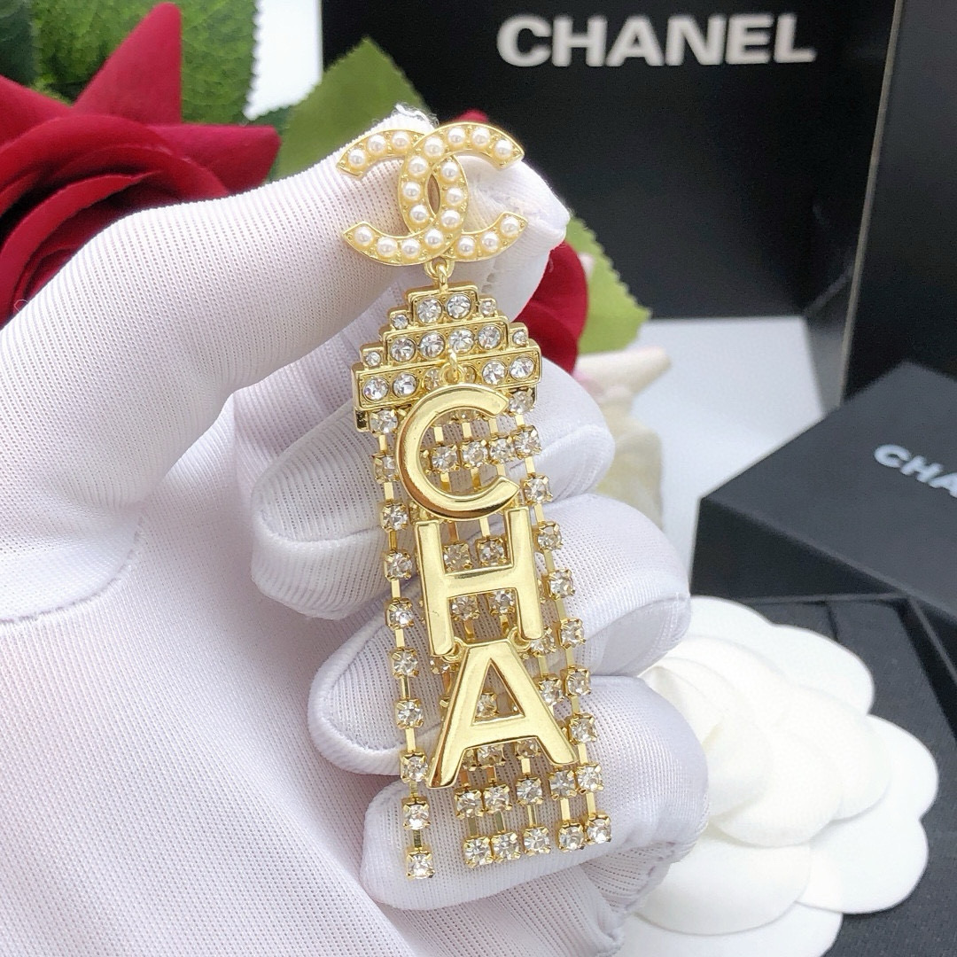 Chanel CHA-NEL Letter Crystal Fringe Drop Earrings earrings gold-tone metal white faux pearl clear crystal 6 5cm drop length