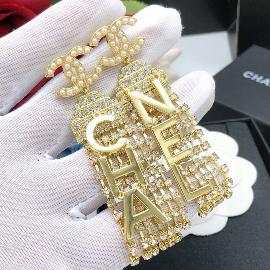 Chanel CHA-NEL Letter Crystal Fringe Drop Earrings earrings gold-tone metal white faux pearl clear crystal 6 5cm drop length
