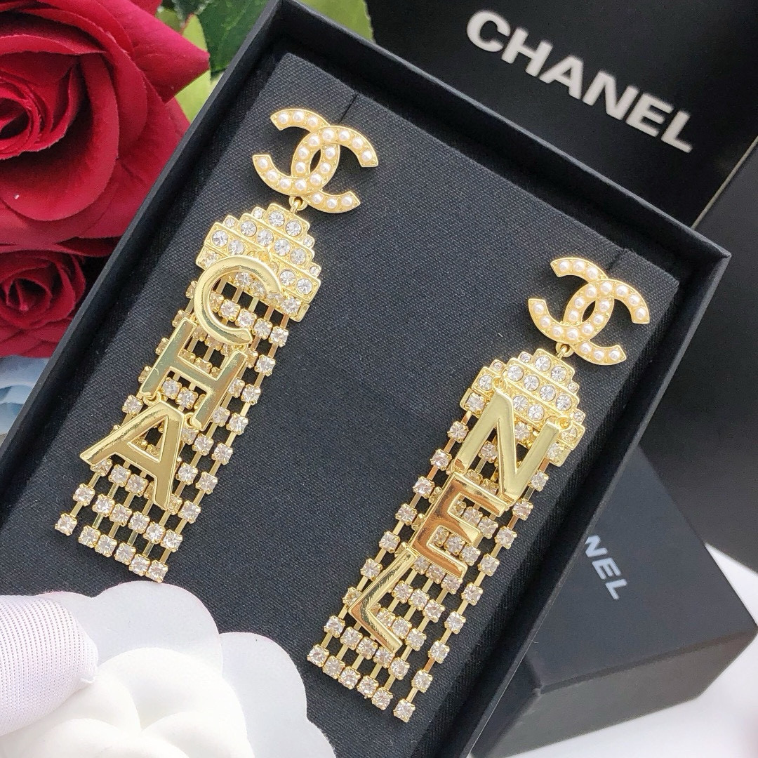 Chanel CHA-NEL Letter Crystal Fringe Drop Earrings earrings gold-tone metal white faux pearl clear crystal 6 5cm drop length