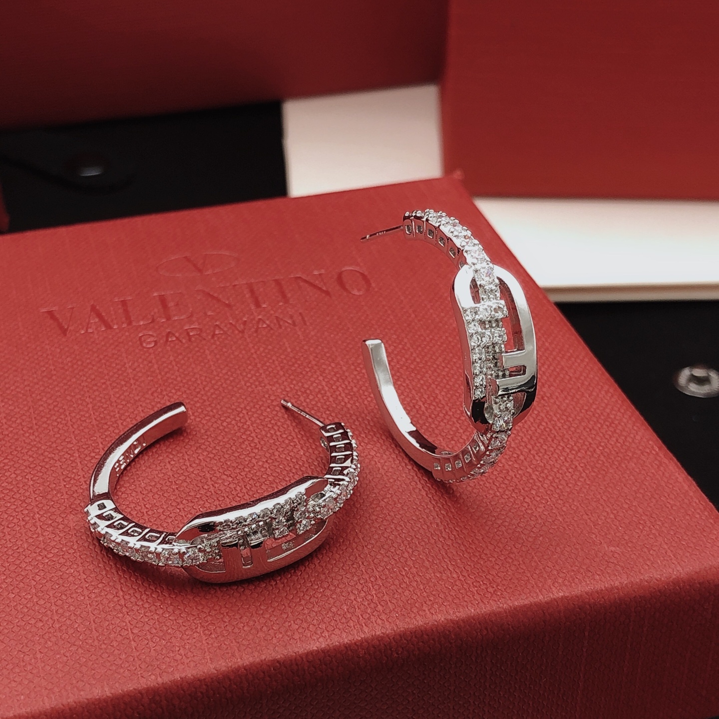 Valentino VLogo Signature Crystal Hoop earrings silver-toned metal with clear crystal accents 2 5cm diameter