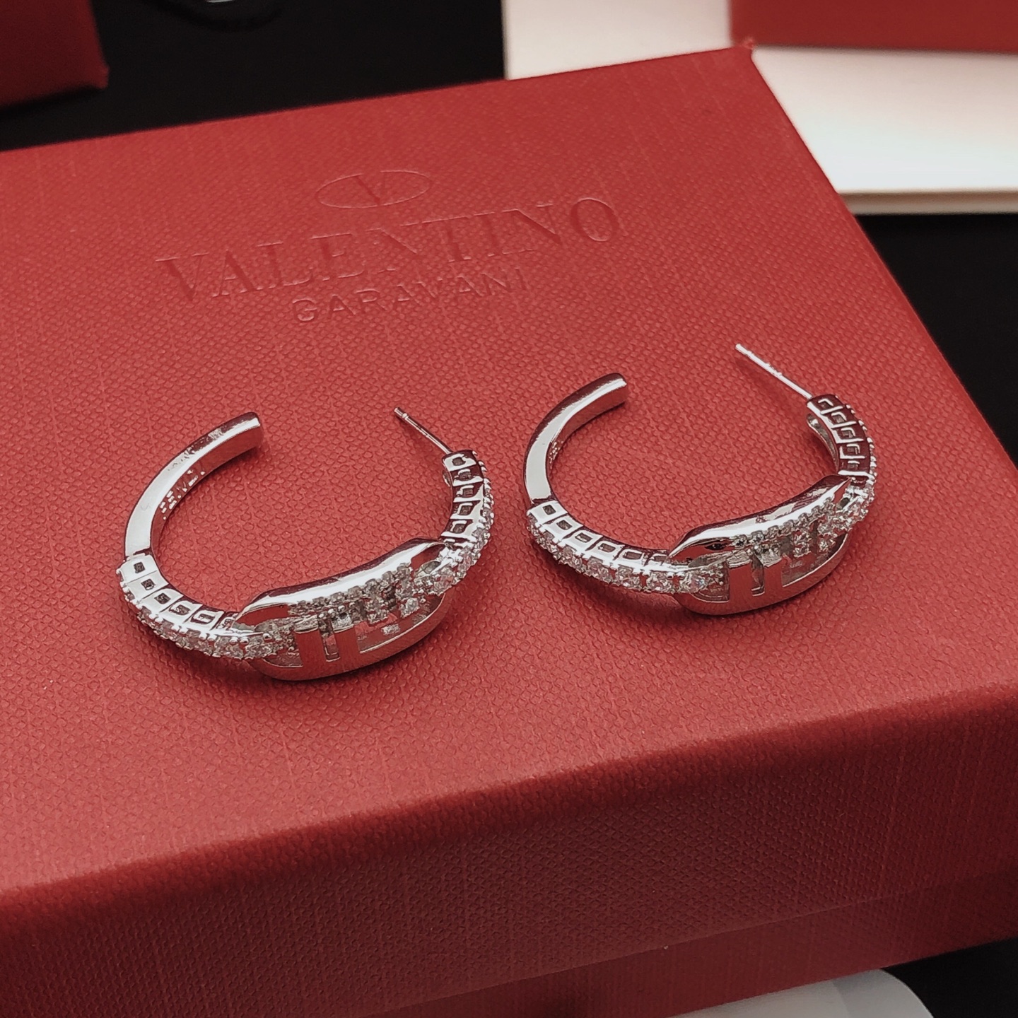 Valentino VLogo Signature Crystal Hoop earrings silver-toned metal with clear crystal accents 2 5cm diameter