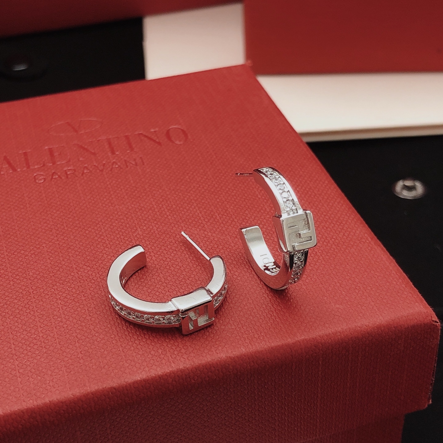 Fendi FF Logo Hoop Earrings earrings silver-toned metal with clear pave crystals 15mm outer hoop diameter